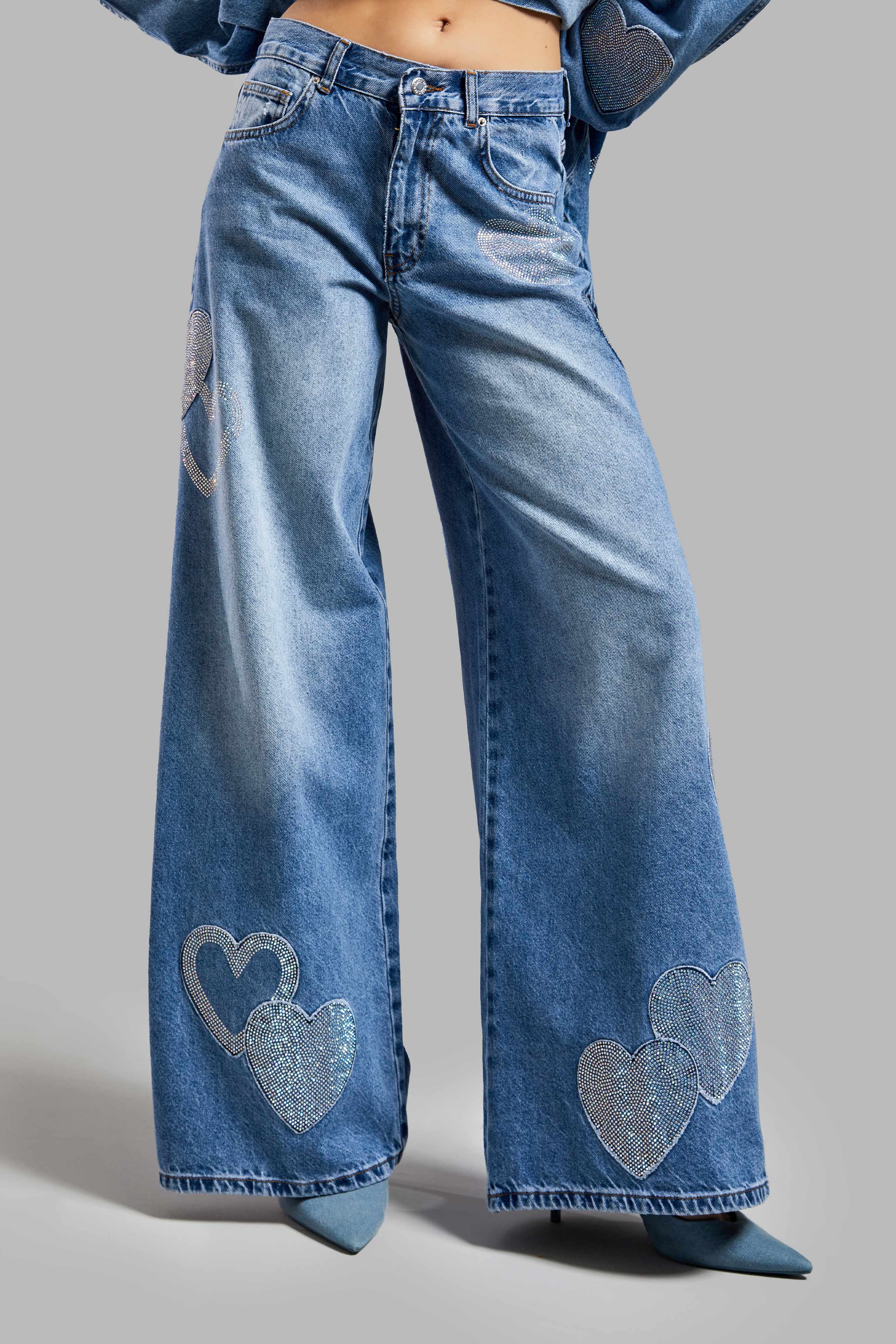 Women's Jeans Color 2S54 Shiny Stone Heart Detailed Loose Cut Design Denim