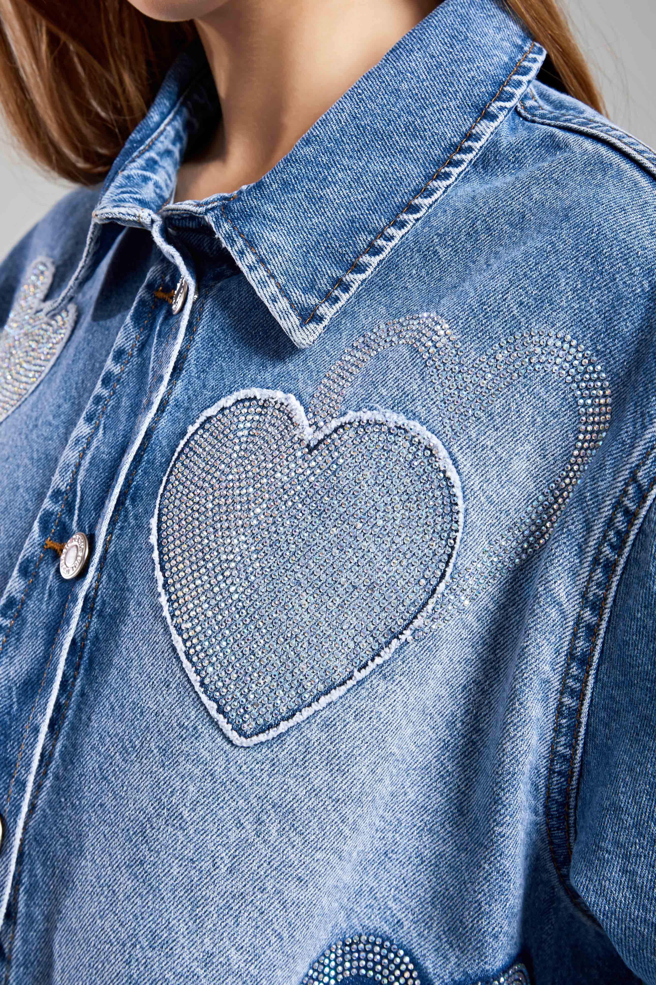 Women's Denim Color 2S54 Shiny Stone Heart Oversize Design Denim Jacket Shirt