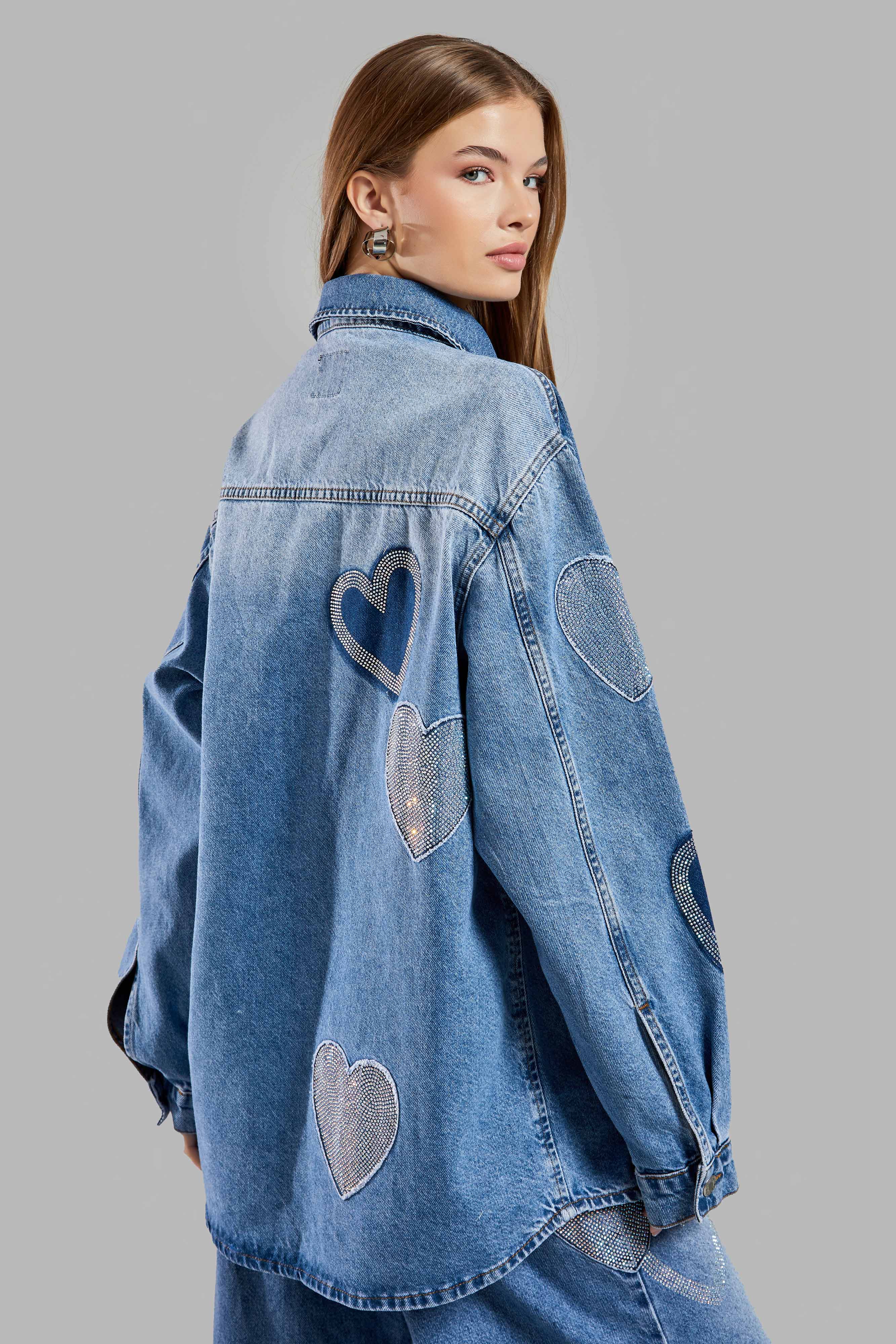 Kadın Kot Rengi 2S54 Parlak Taşlı Kalp Oversize Tasarım Denim Ceket Gömlek