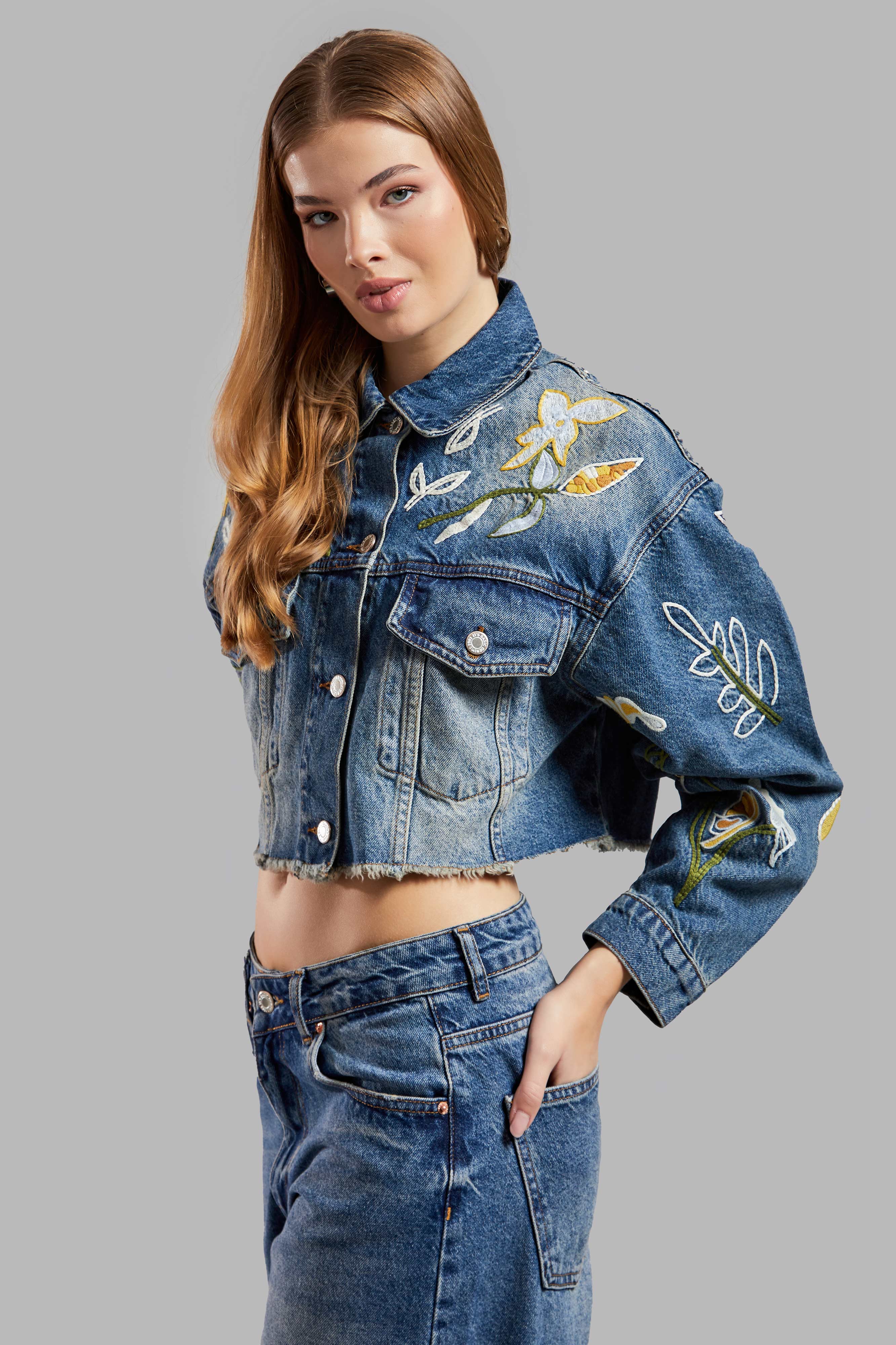 Women's Denim Color 2S575 Crop Fit Floral Embroidered Design Jacket