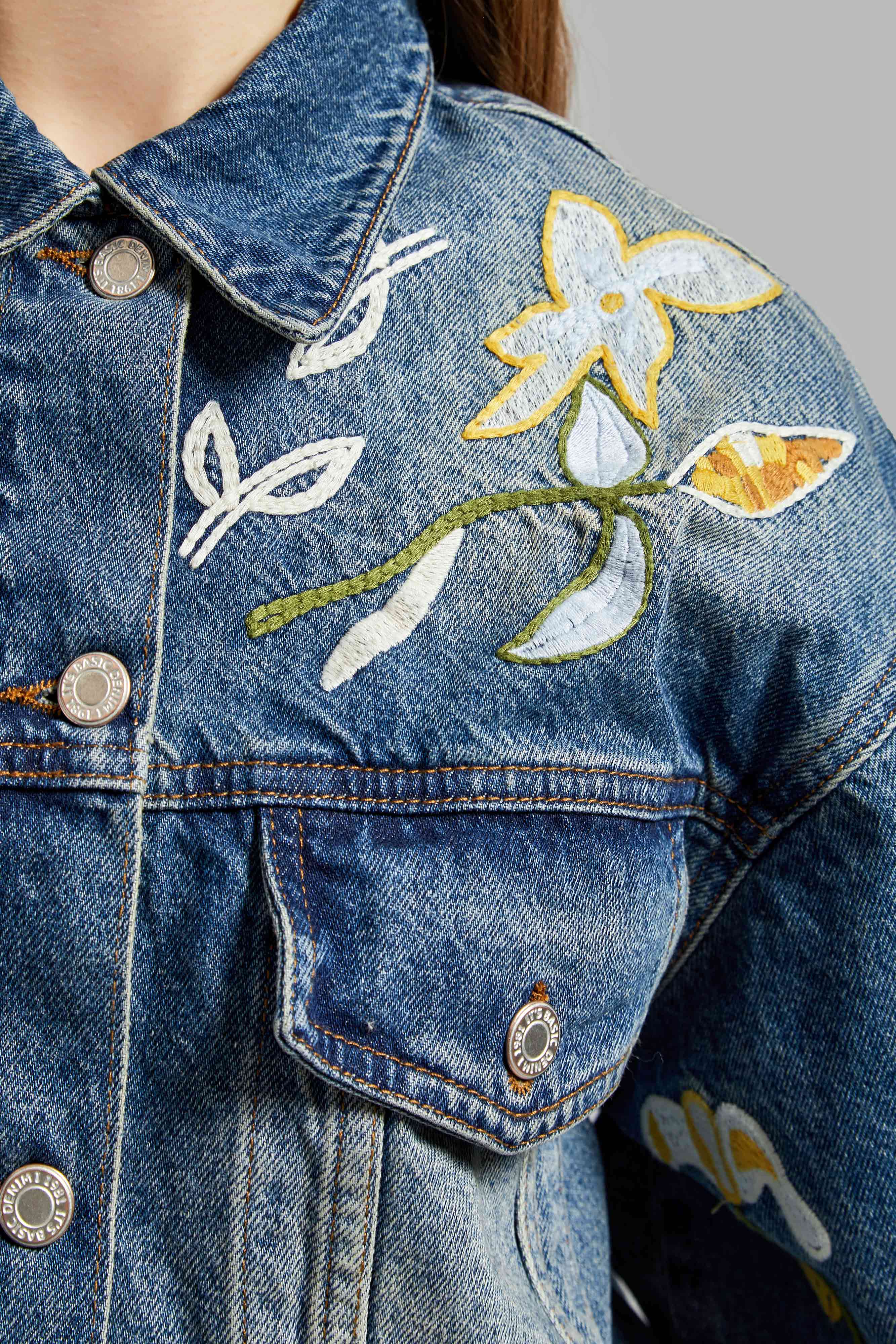 Women's Denim Color 2S575 Crop Fit Floral Embroidered Design Jacket