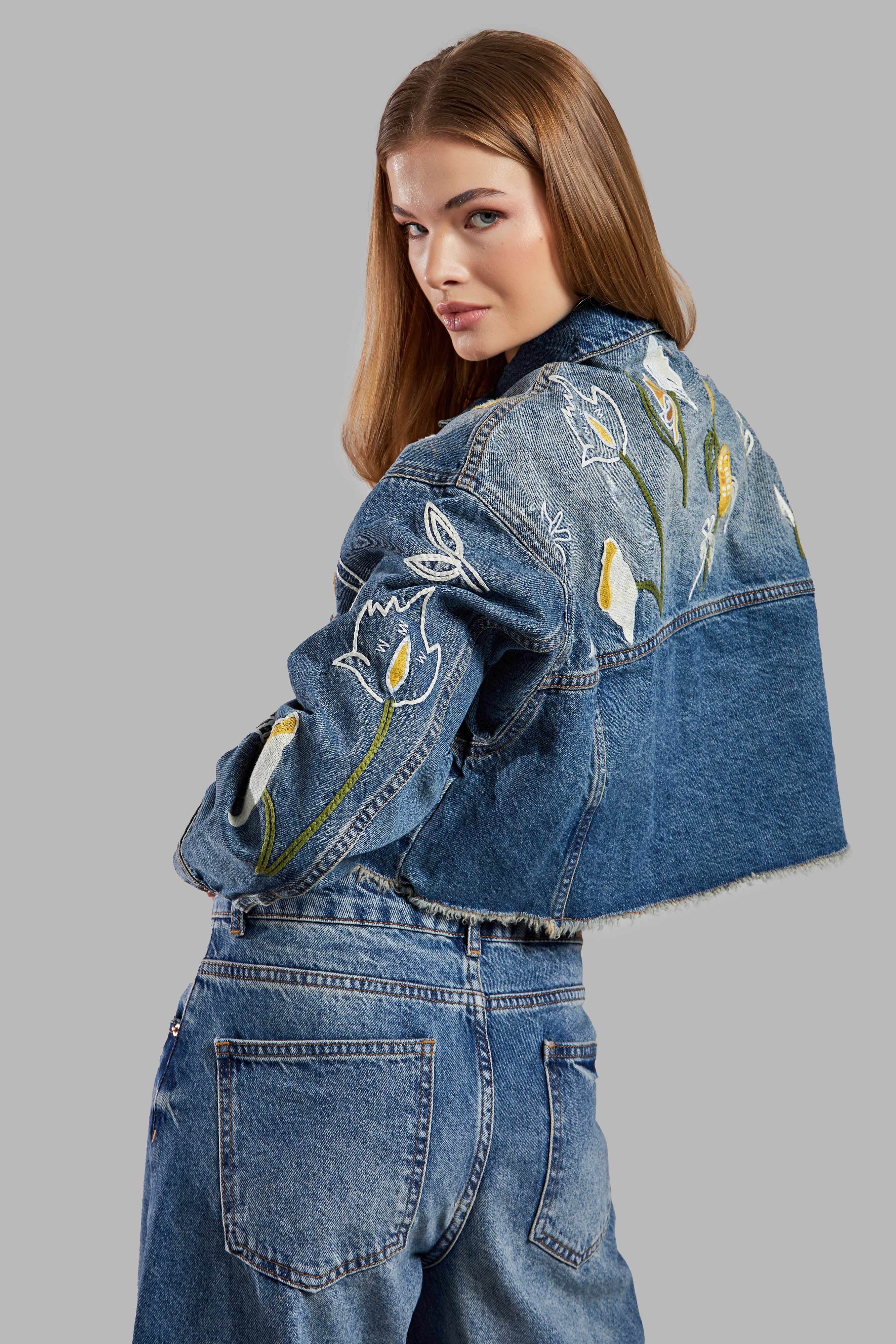 Women's Denim Color 2S575 Crop Fit Floral Embroidered Design Jacket