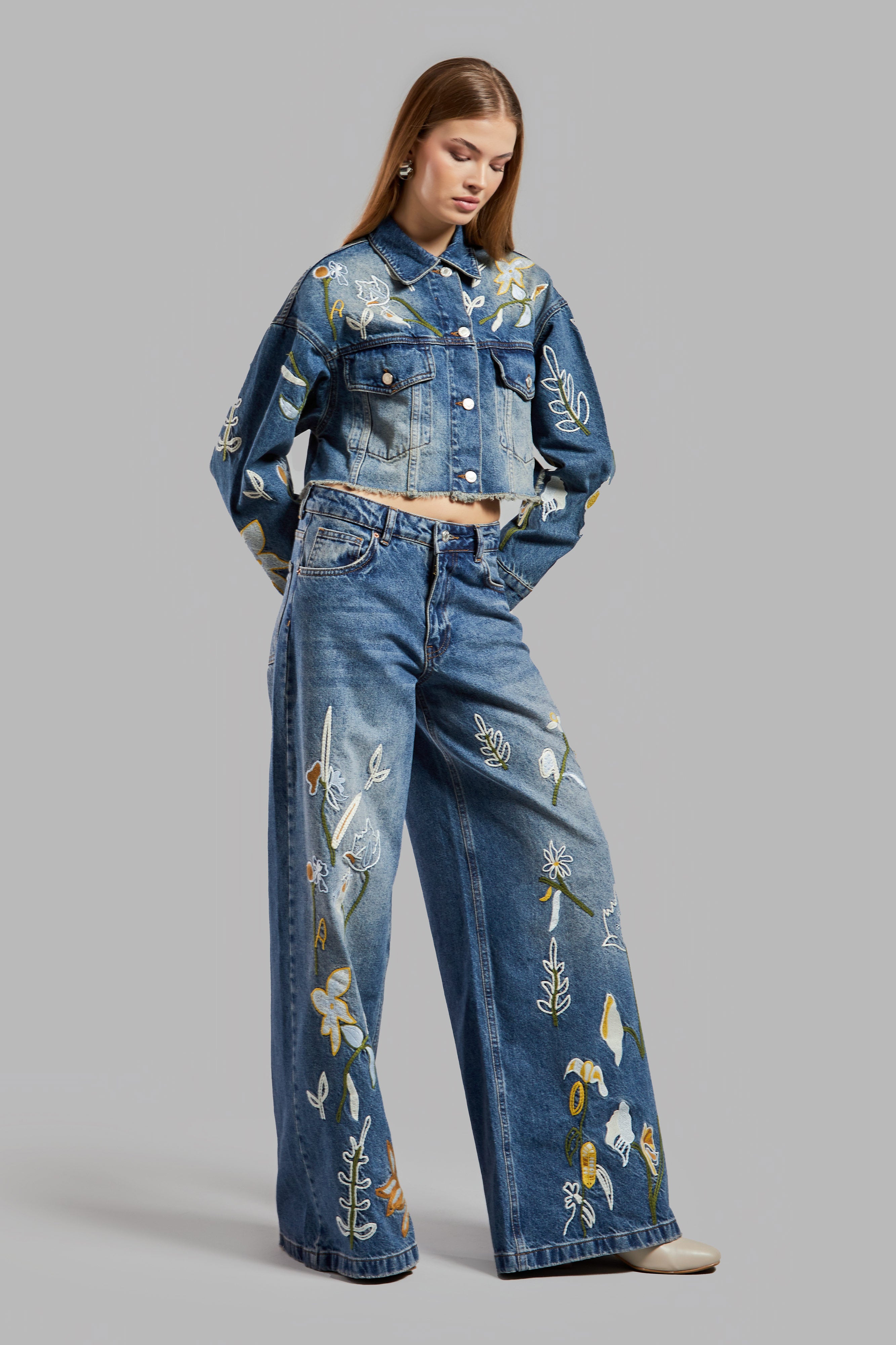 Women's Denim Color 2S575 Crop Fit Floral Embroidered Design Jacket