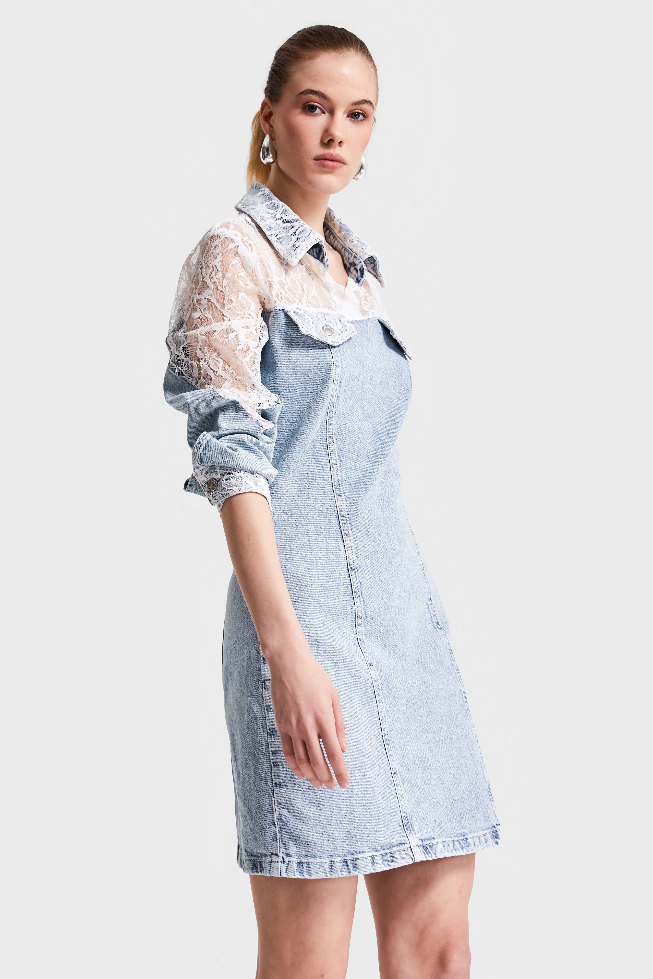 Women's Denim Color 3S5-27 Lace Straight Fit Midi Length Denim Dress