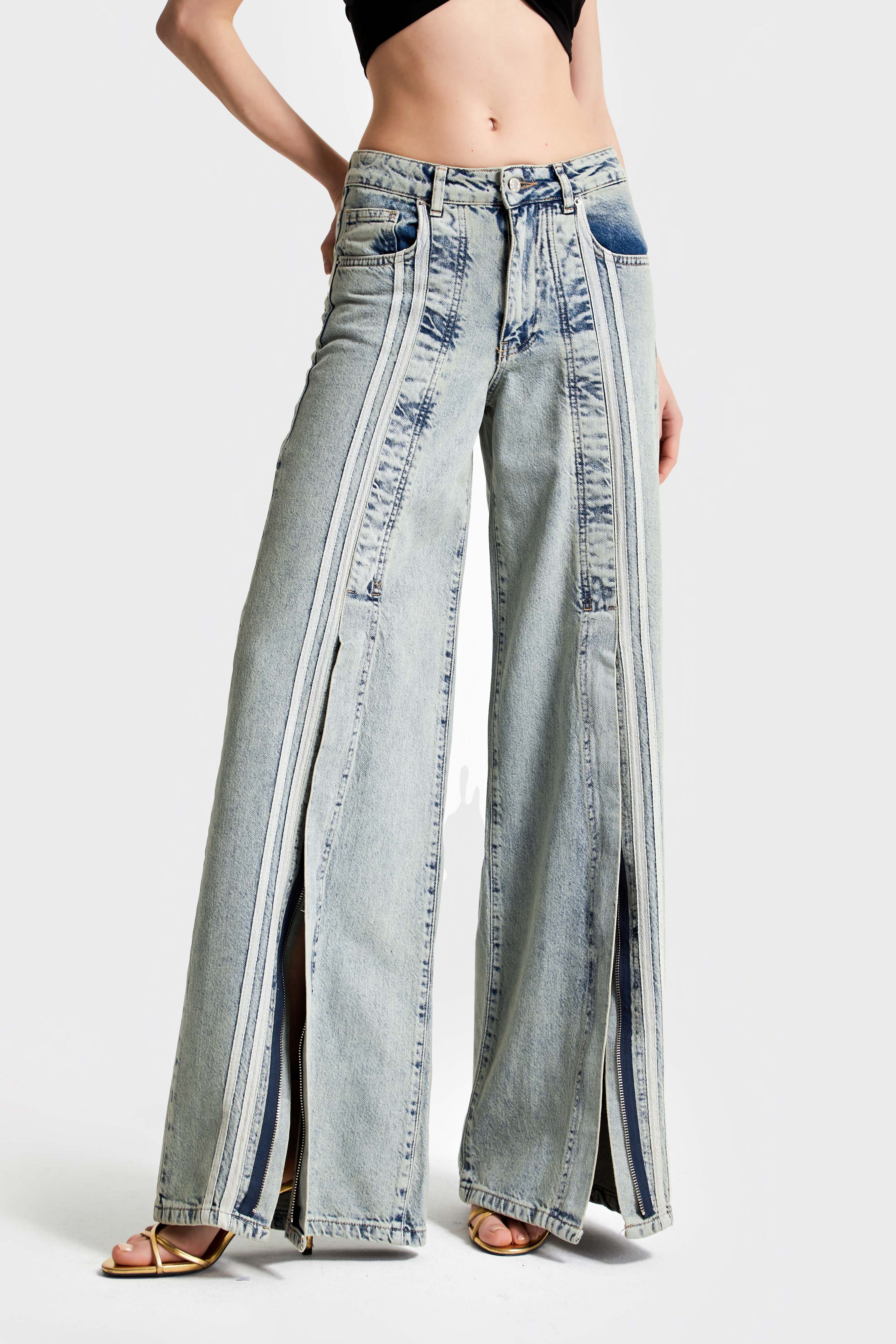 Women's Jeans Color 3S565 Stripe Detailed Slit Palazzo Fit 100% Cotton Denim