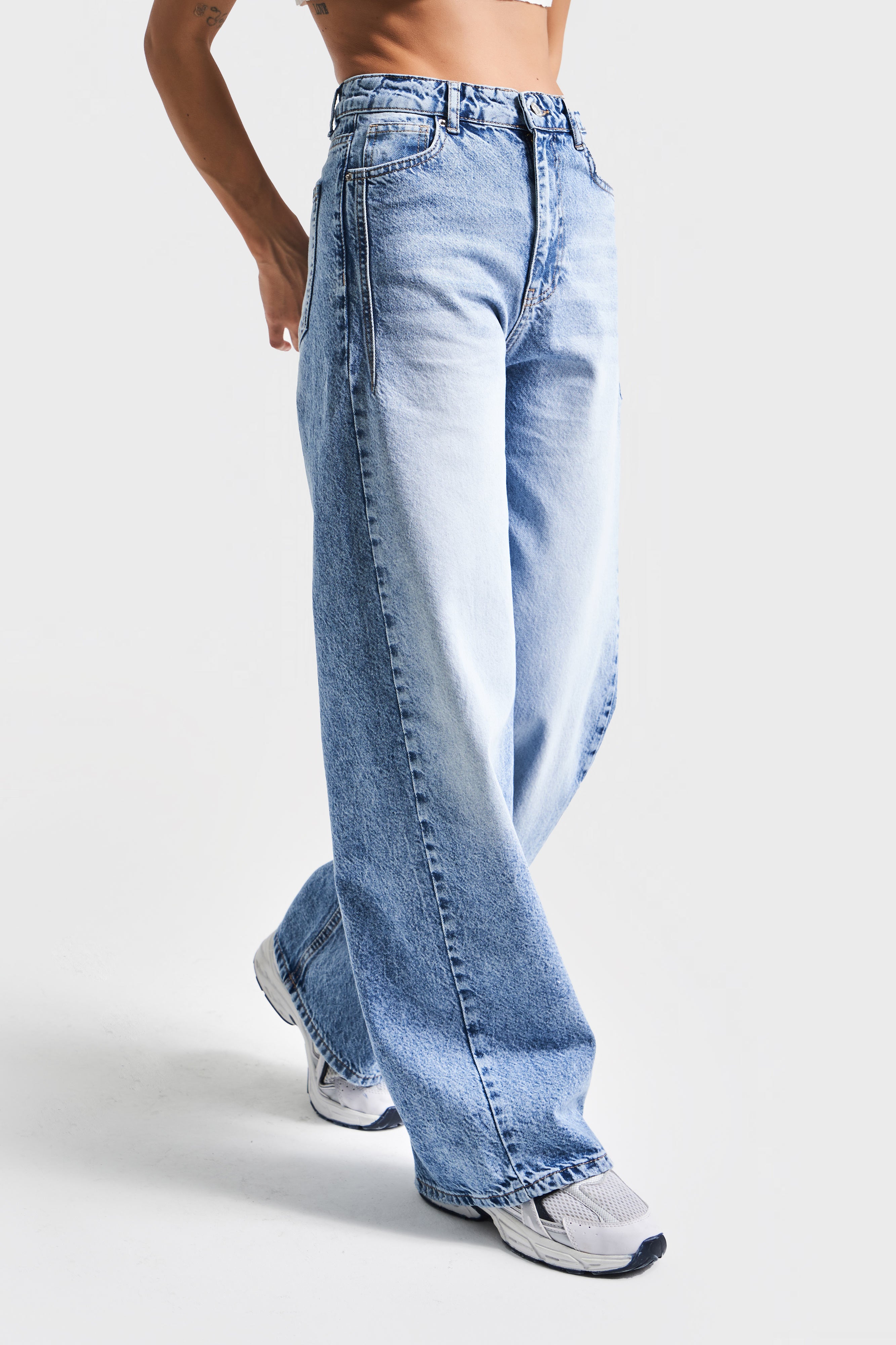 Kadın Kot Rengi 4S5-27 %100 Koton Straight Wide Leg Fit Denim Jean