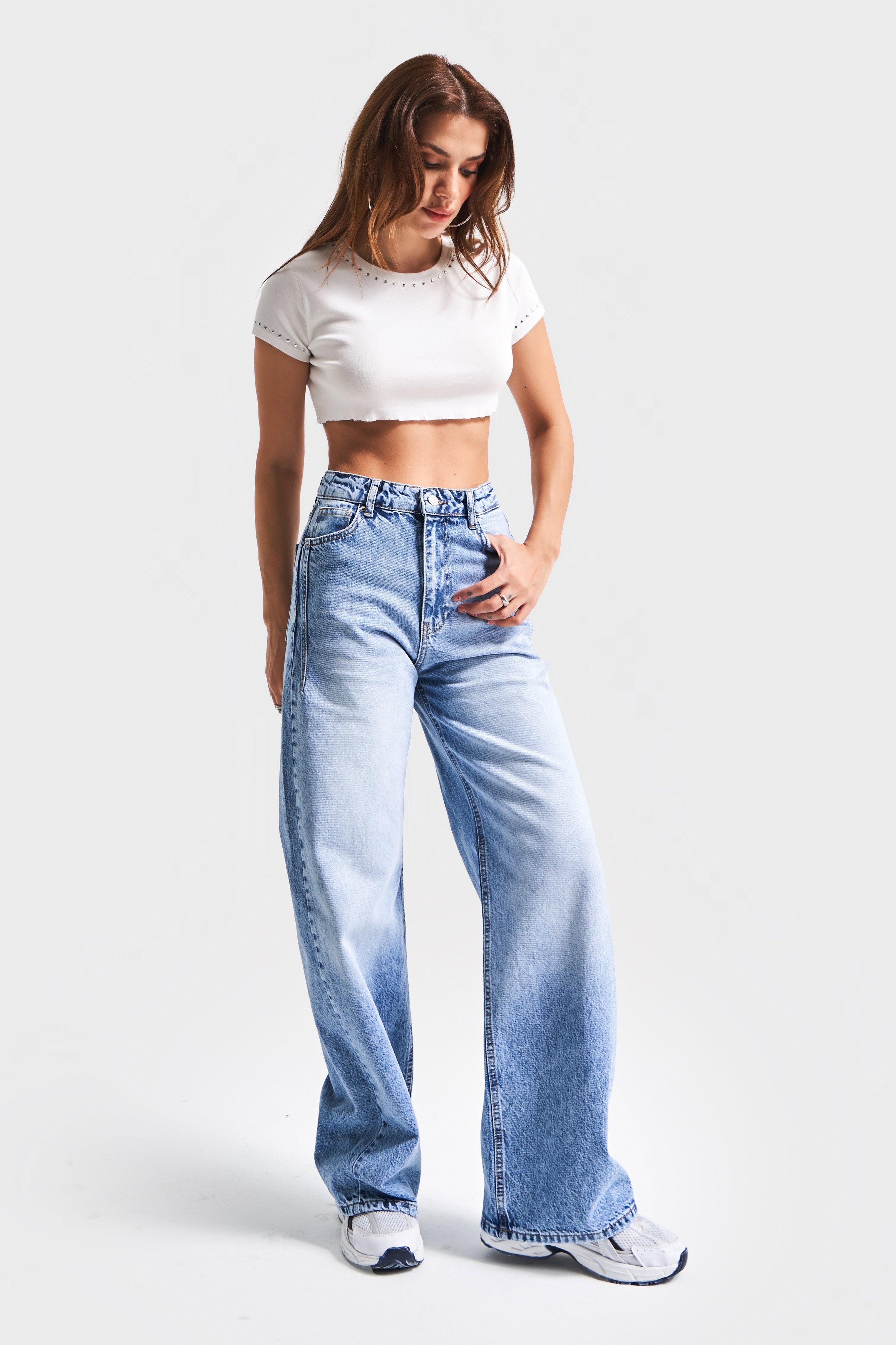 Kadın Kot Rengi 4S5-27 %100 Koton Straight Wide Leg Fit Denim Jean