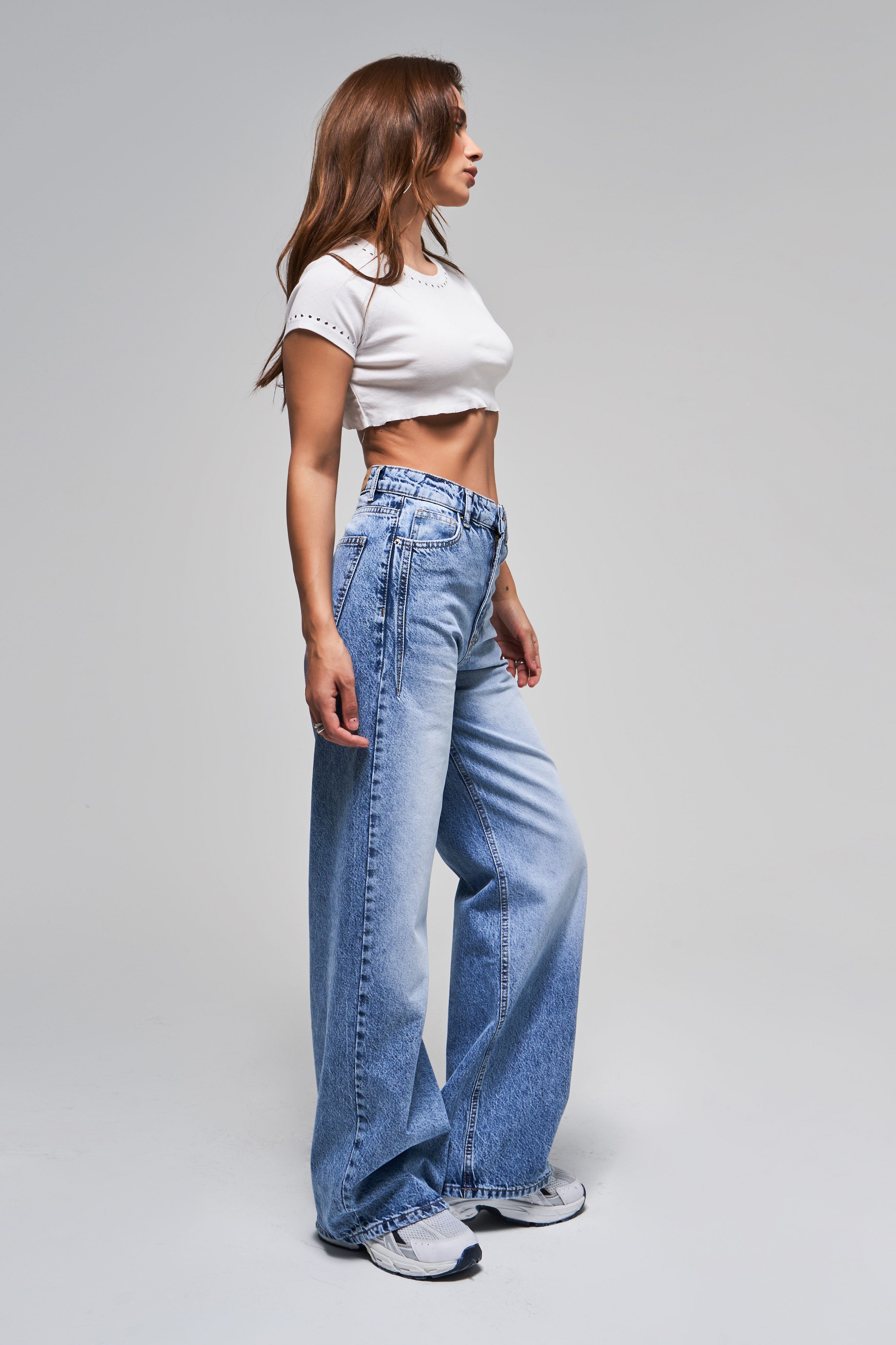 Kadın Kot Rengi 4S5-27 %100 Koton Straight Wide Leg Fit Denim Jean