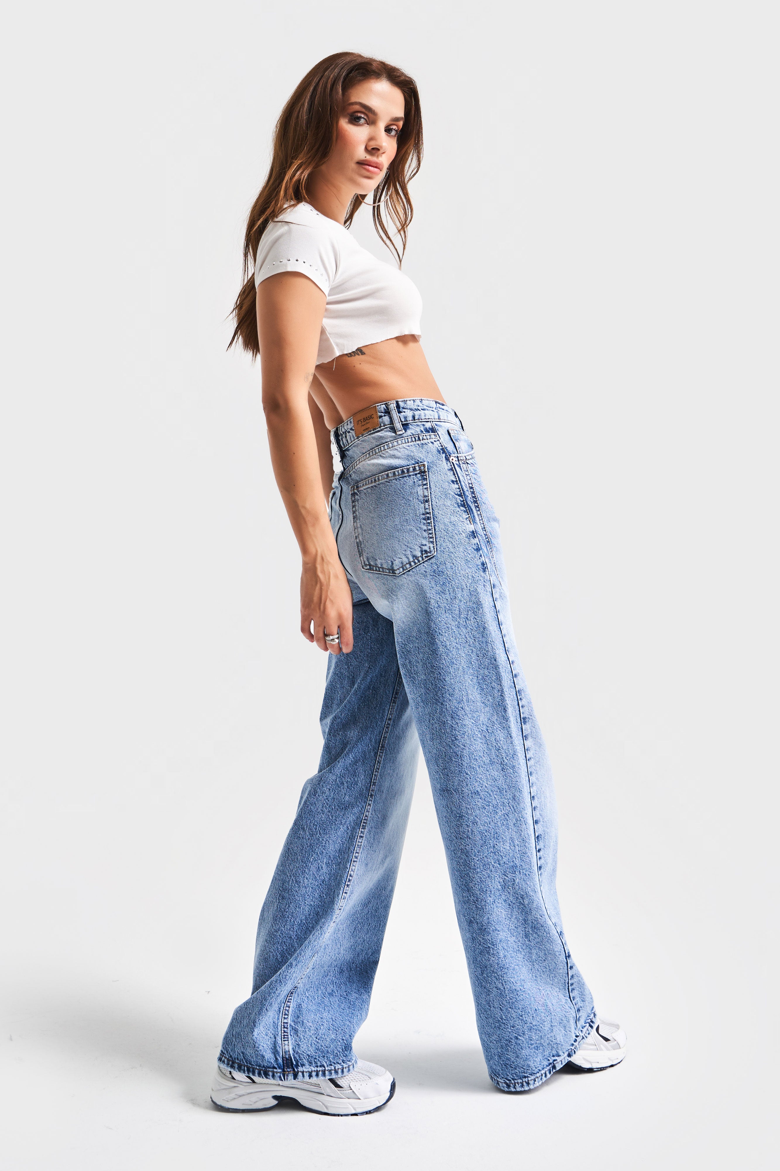 Kadın Kot Rengi 4S5-27 %100 Koton Straight Wide Leg Fit Denim Jean