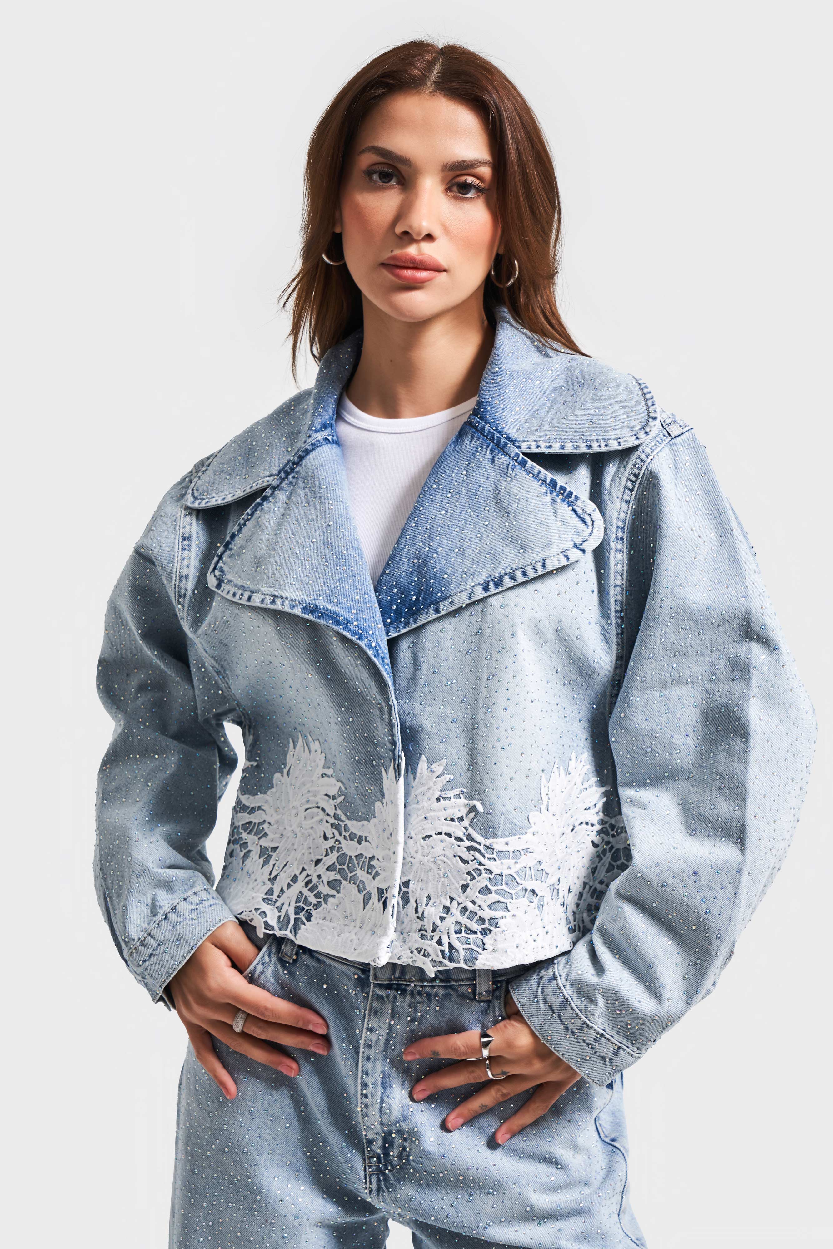 Women's Denim Color 4S5-3 Lace Double Breasted 100% Cotton Design Denim Jacket