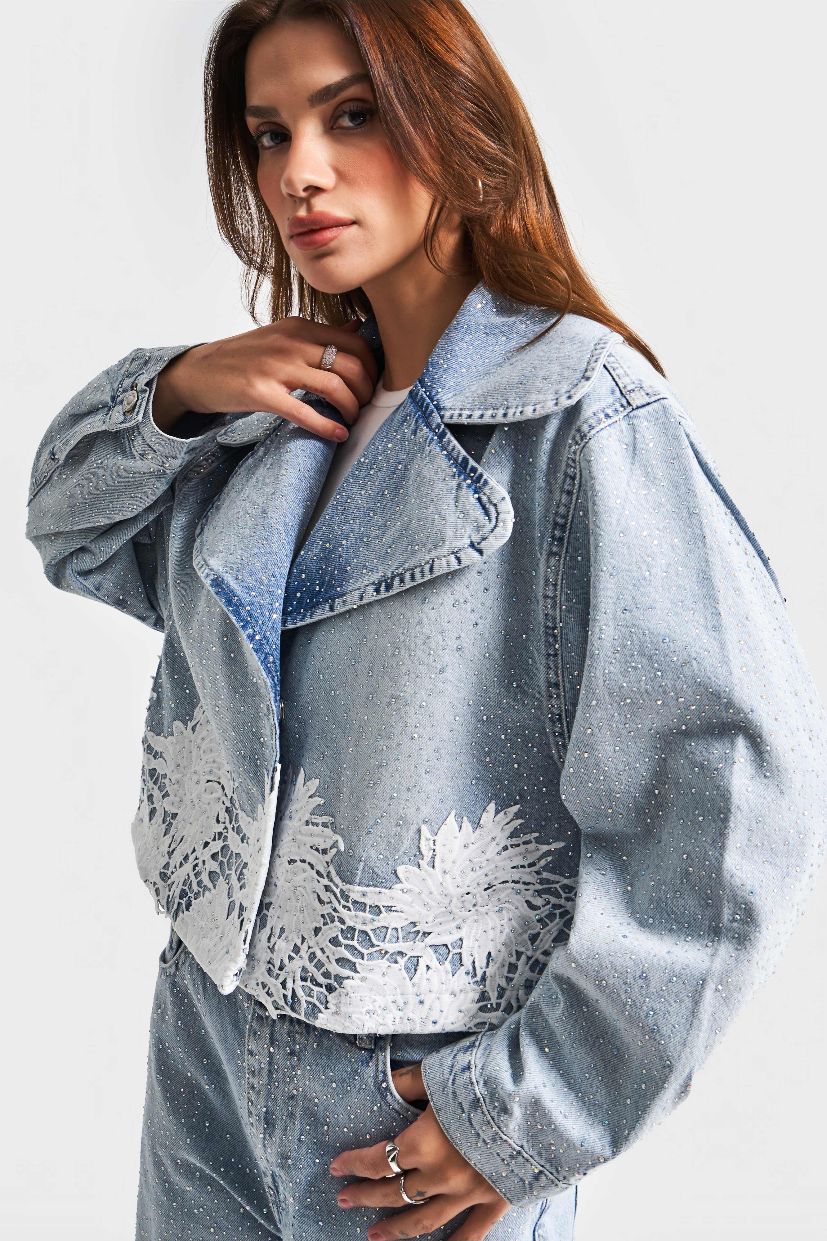 Women's Denim Color 4S5-3 Lace Double Breasted 100% Cotton Design Denim Jacket