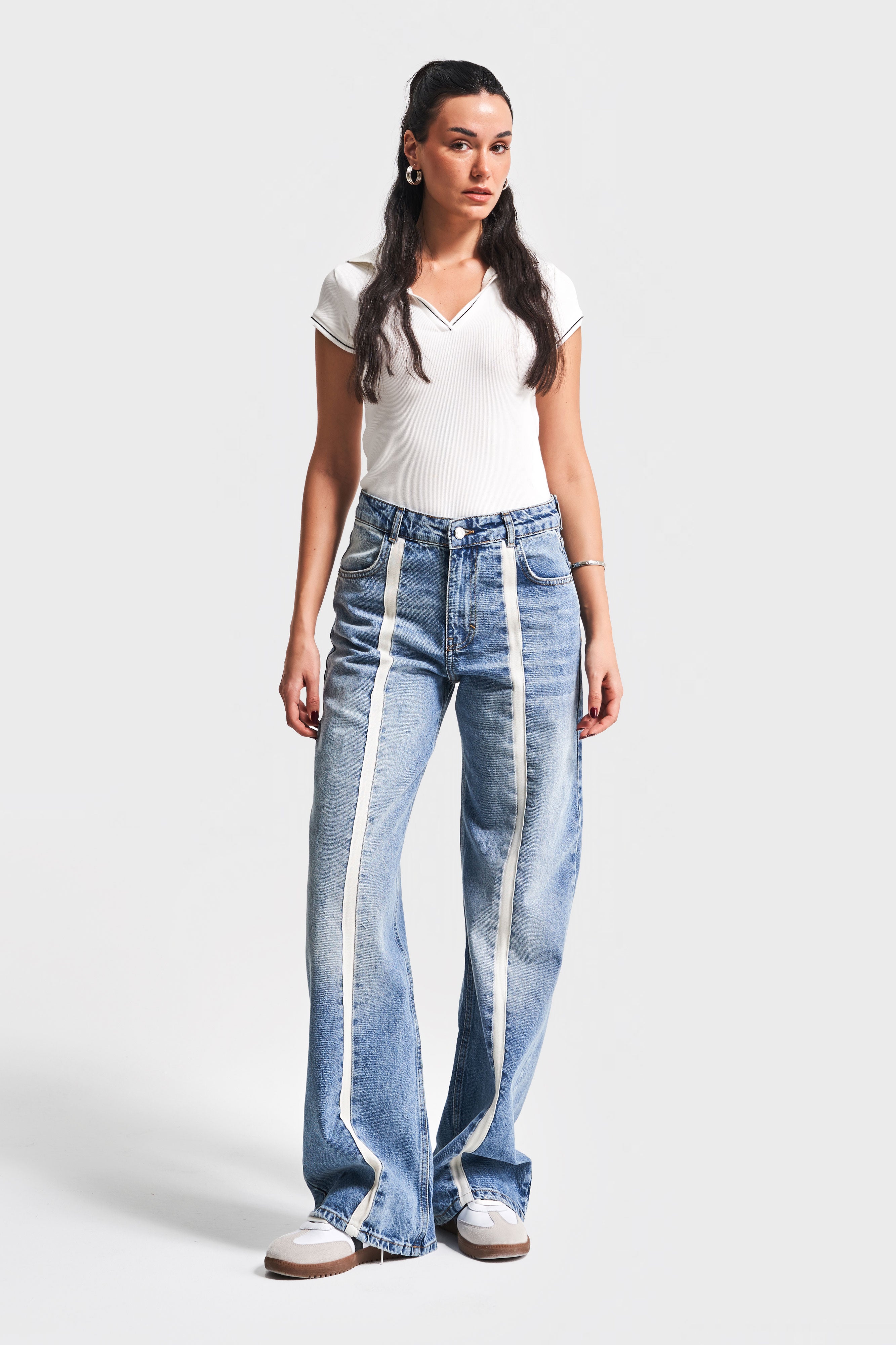 Kadın Kot Rengi 4S5-32 Wide Leg Önden Şeritli %100 Koton Tasarım Denim Jean