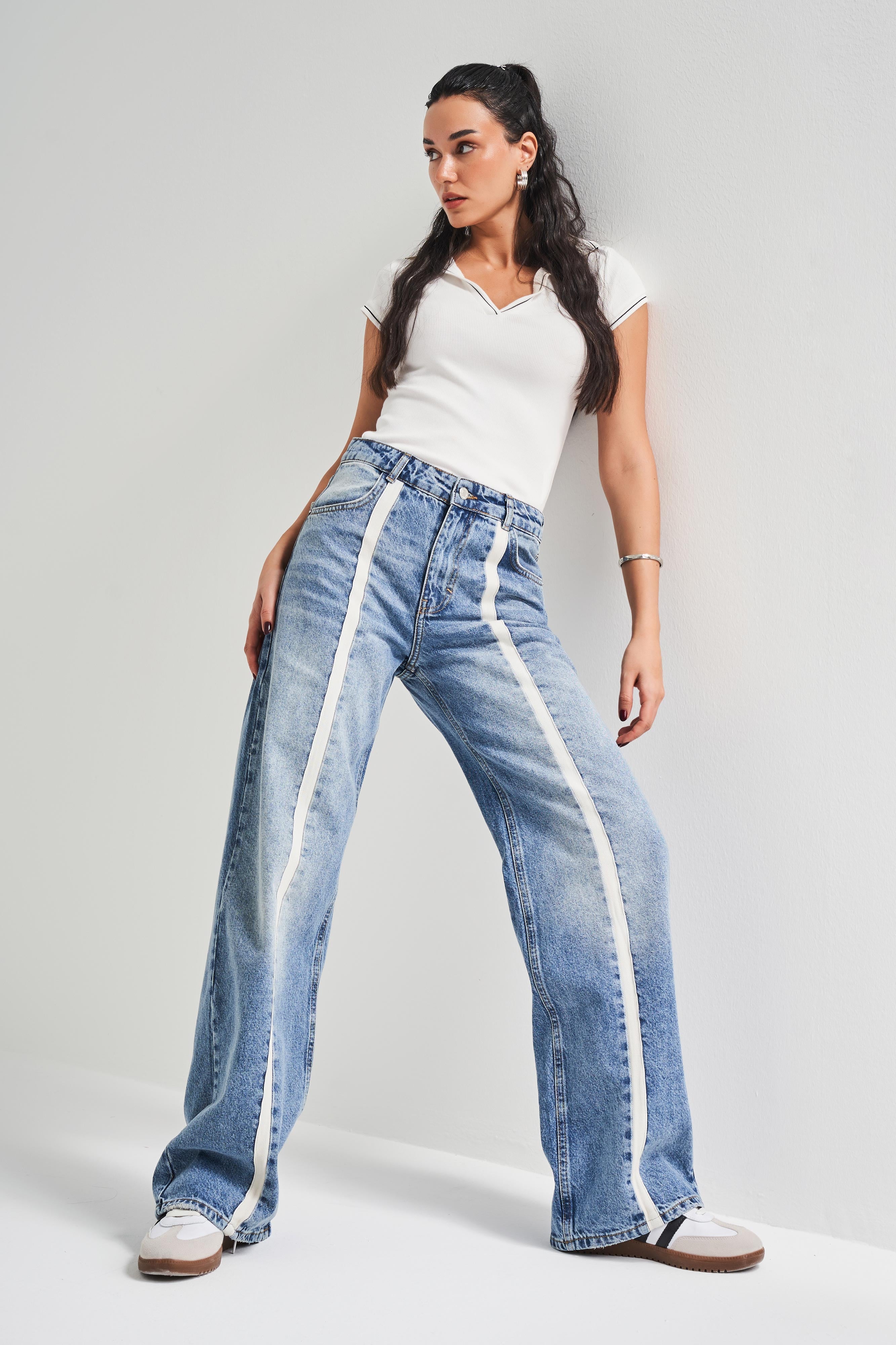 Kadın Kot Rengi 4S5-32 Wide Leg Önden Şeritli %100 Koton Tasarım Denim Jean