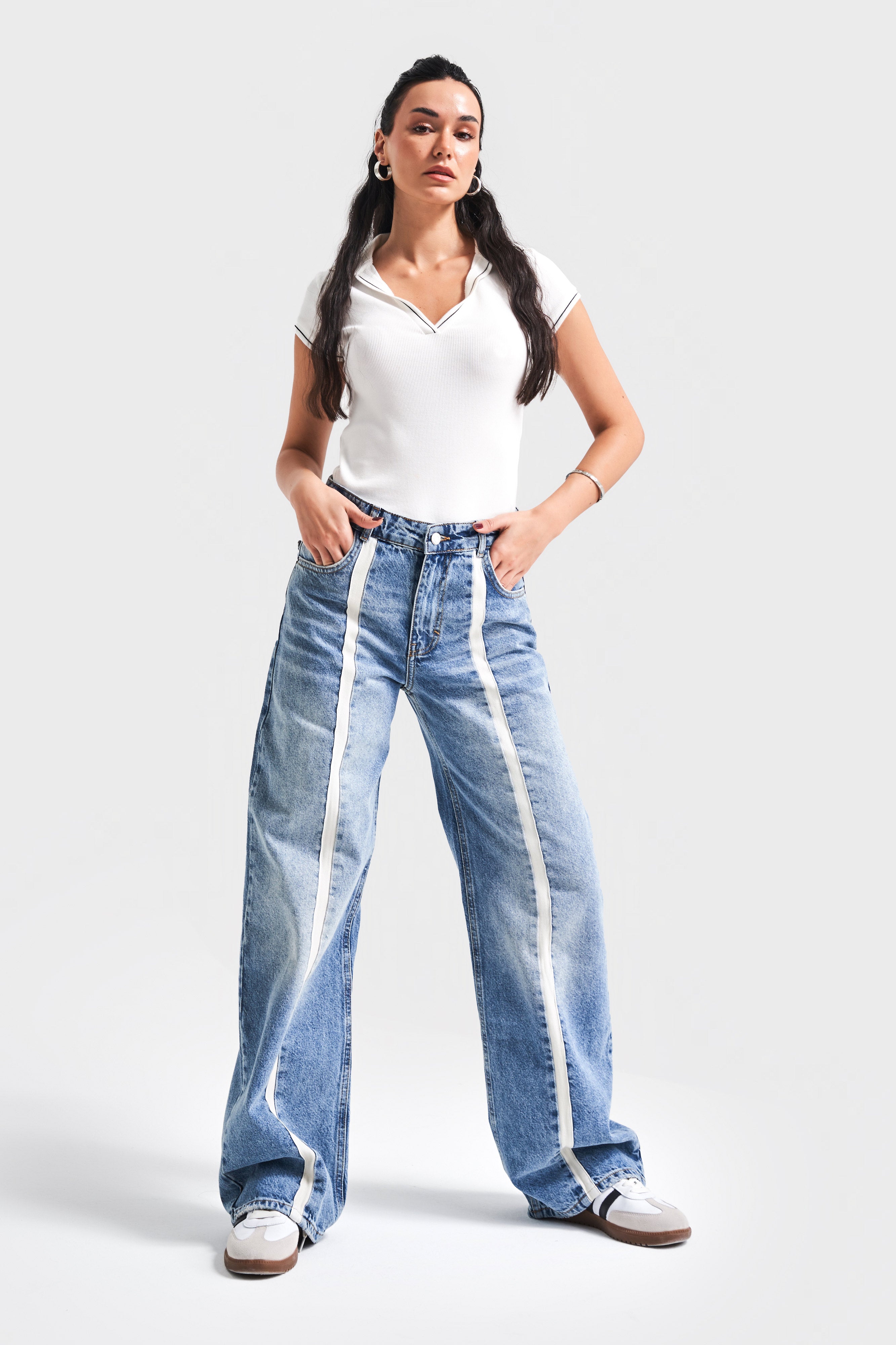 Kadın Kot Rengi 4S5-32 Wide Leg Önden Şeritli %100 Koton Tasarım Denim Jean