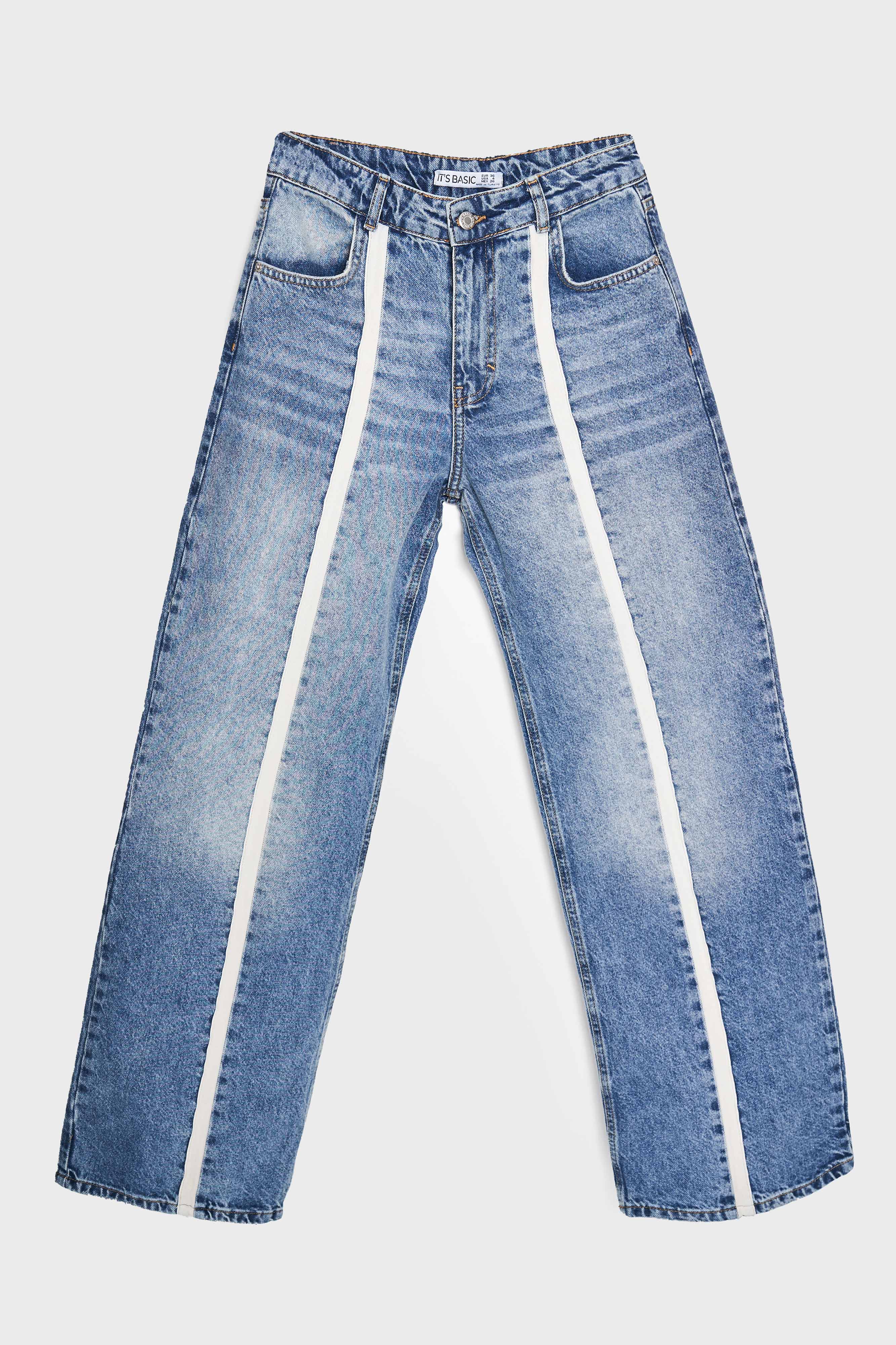 Kadın Kot Rengi 4S5-32 Wide Leg Önden Şeritli %100 Koton Tasarım Denim Jean