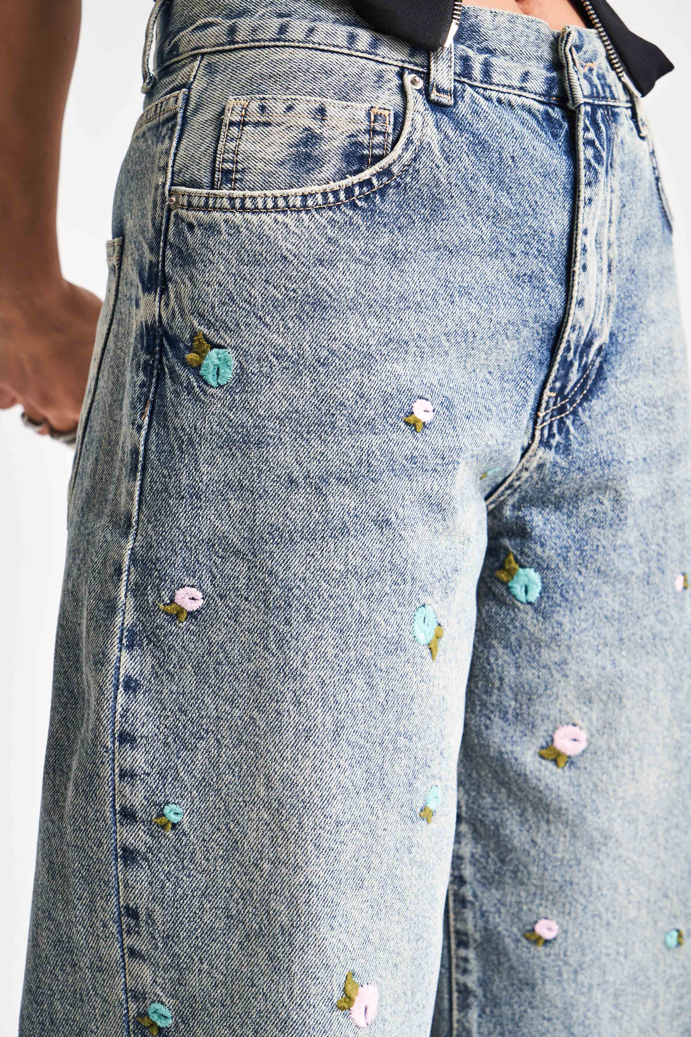 Women's Jeans Color 4S5-65 Floral Embroidered Loose Fit Mid Waist 100% Cotton Denim Jean