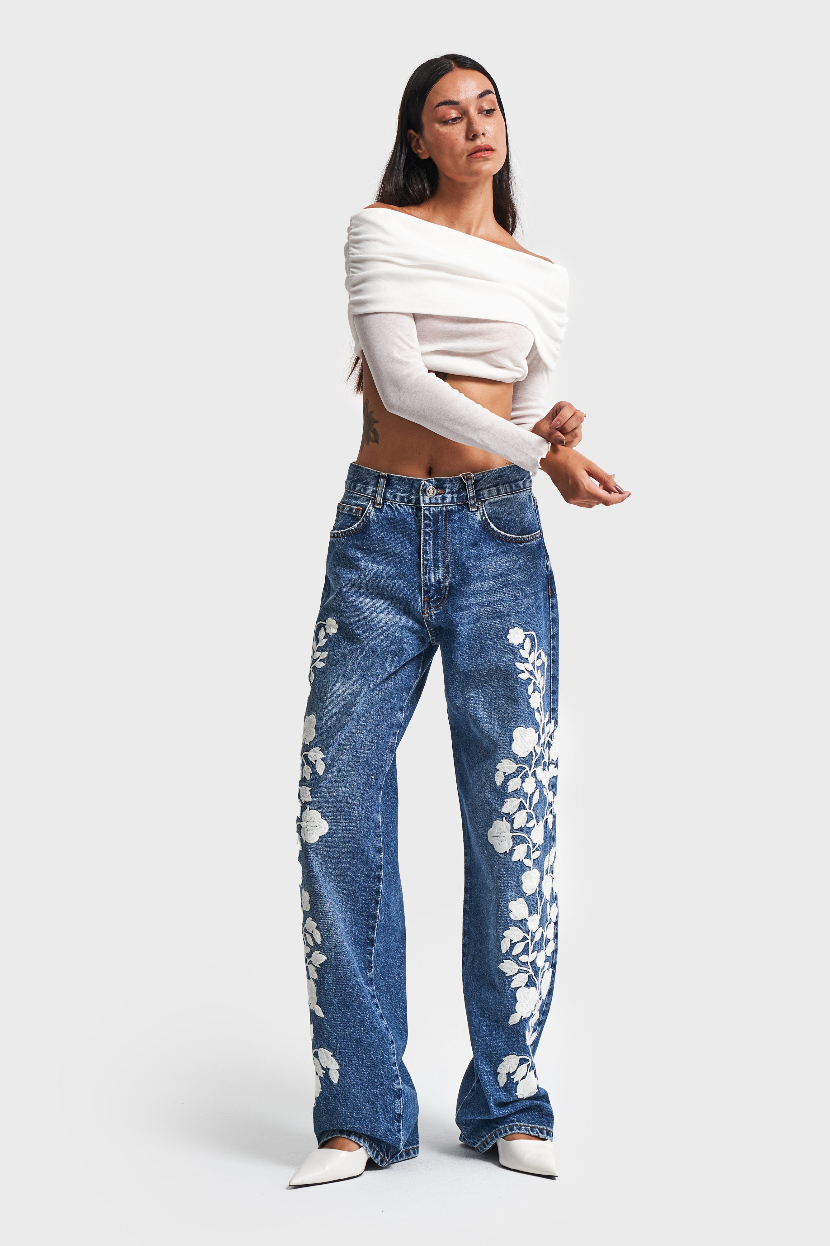 Women's Jeans Color White Floral Embroidered Loose Fit Design Denim