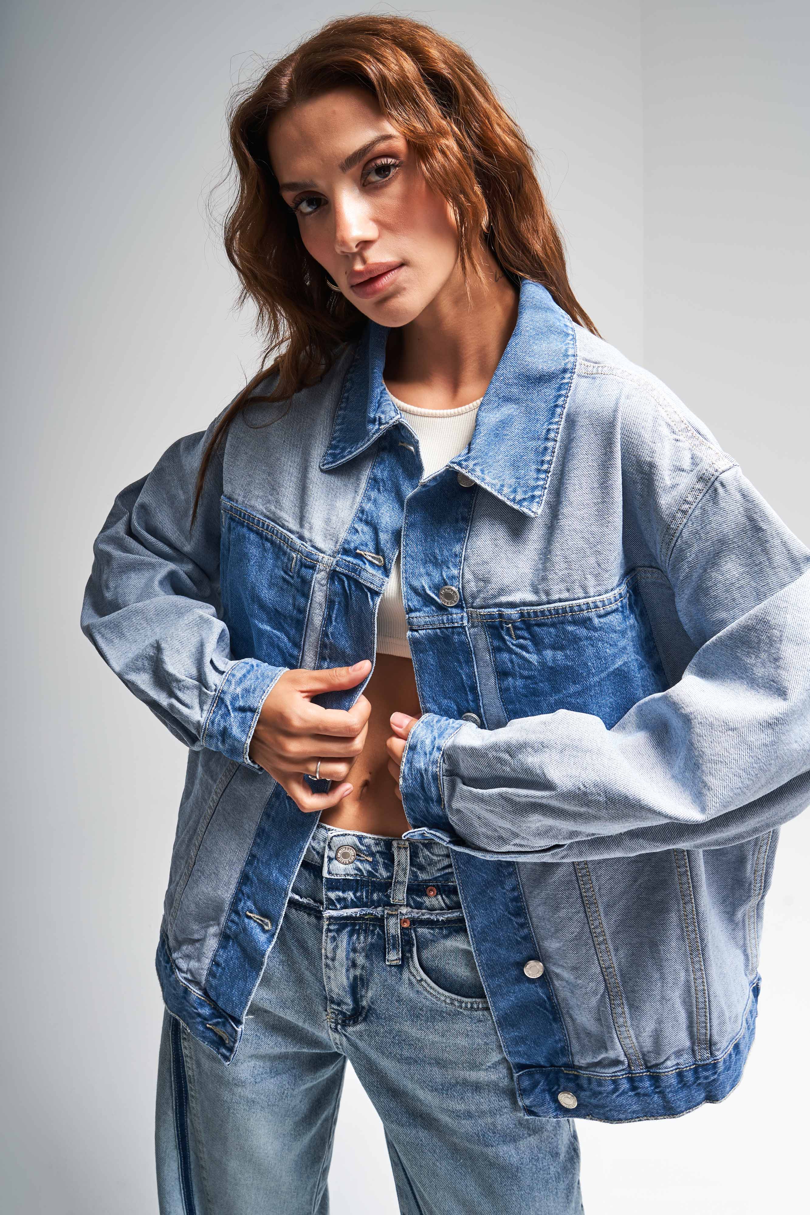 Women's Denim Color Double Color Oversize Denim Jacket