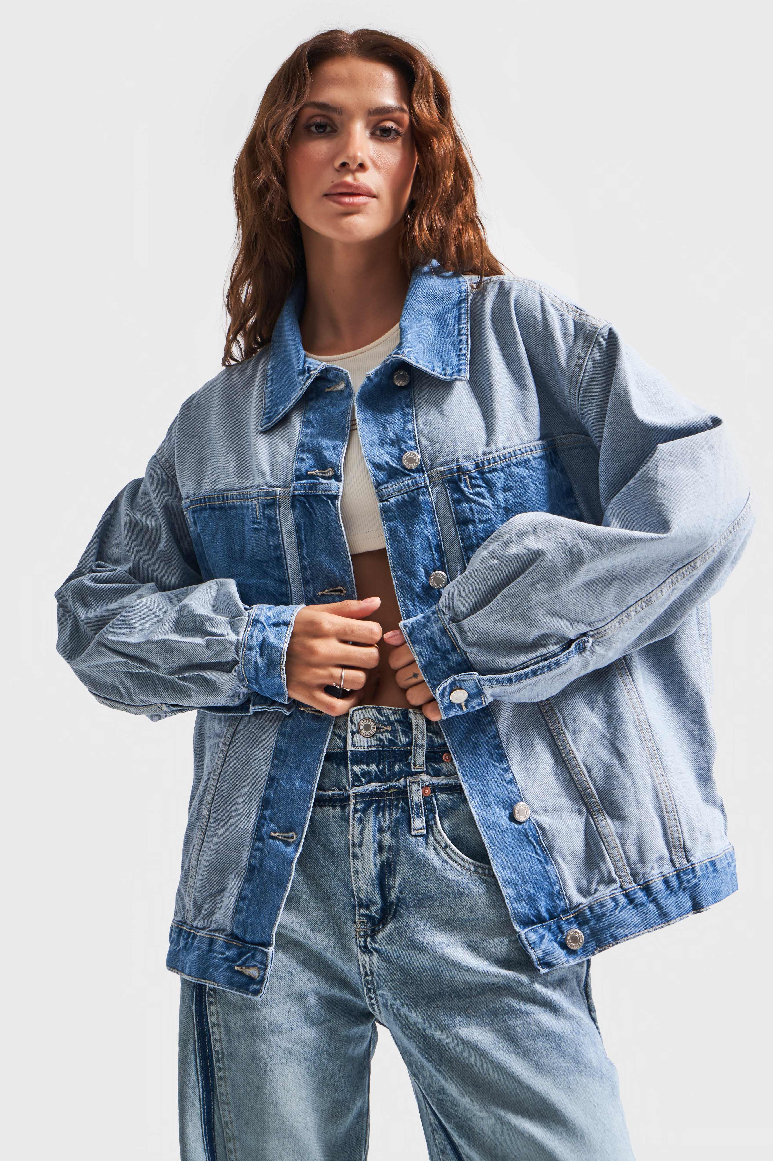 Kadın Kot Rengi Çift Renk Oversize Denim Ceket