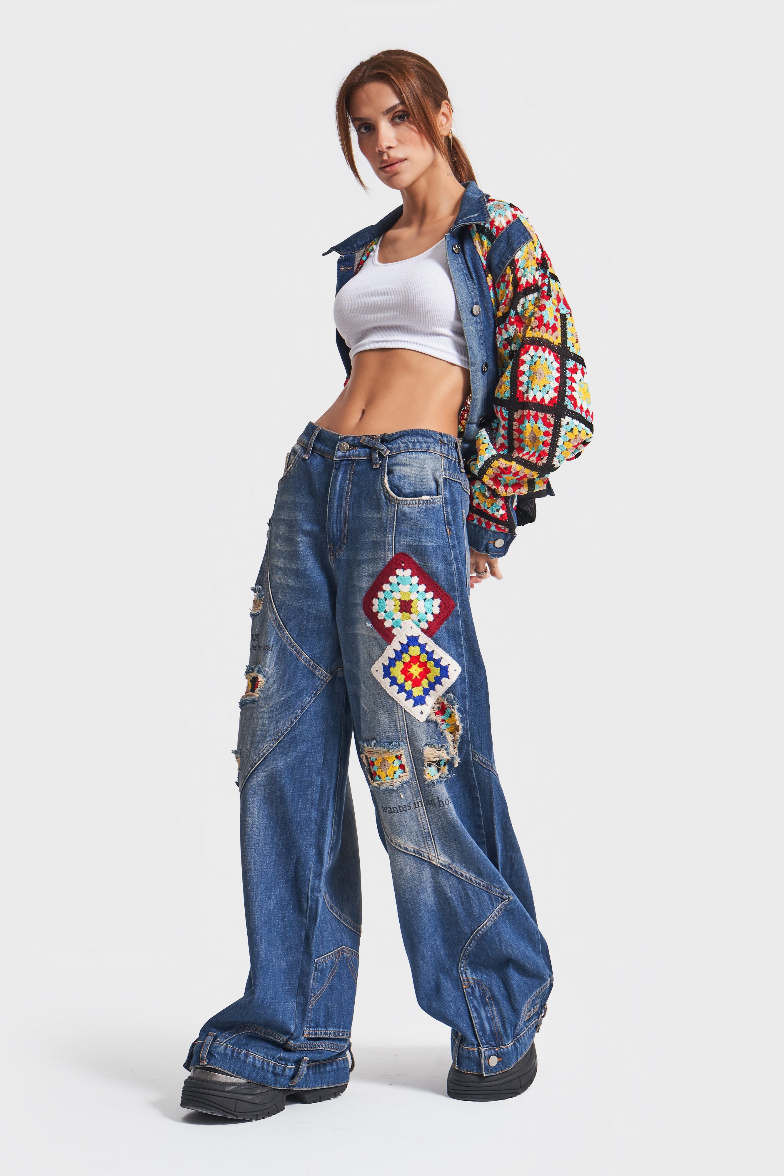 Women's Jeans Color Ethnic Pattern Braided Palazzo Fit Design Denim