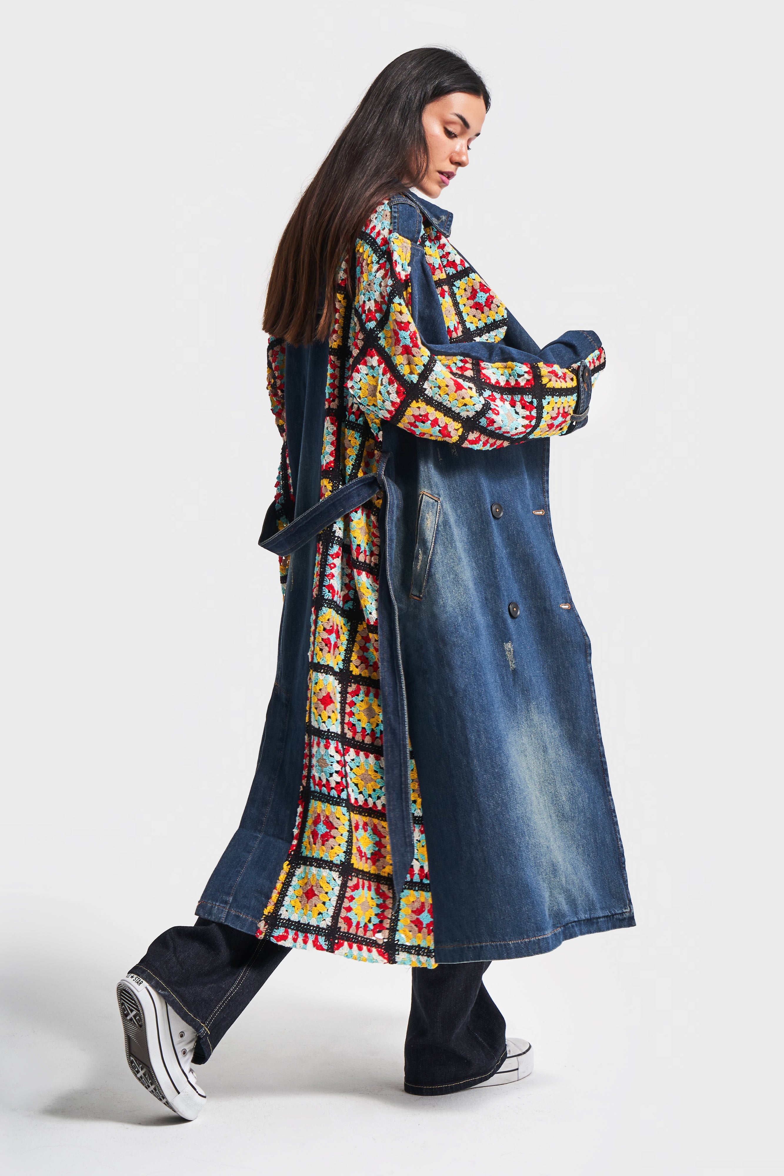 Women's Denim Color Ethnic Patterned Oversized Trench Coat