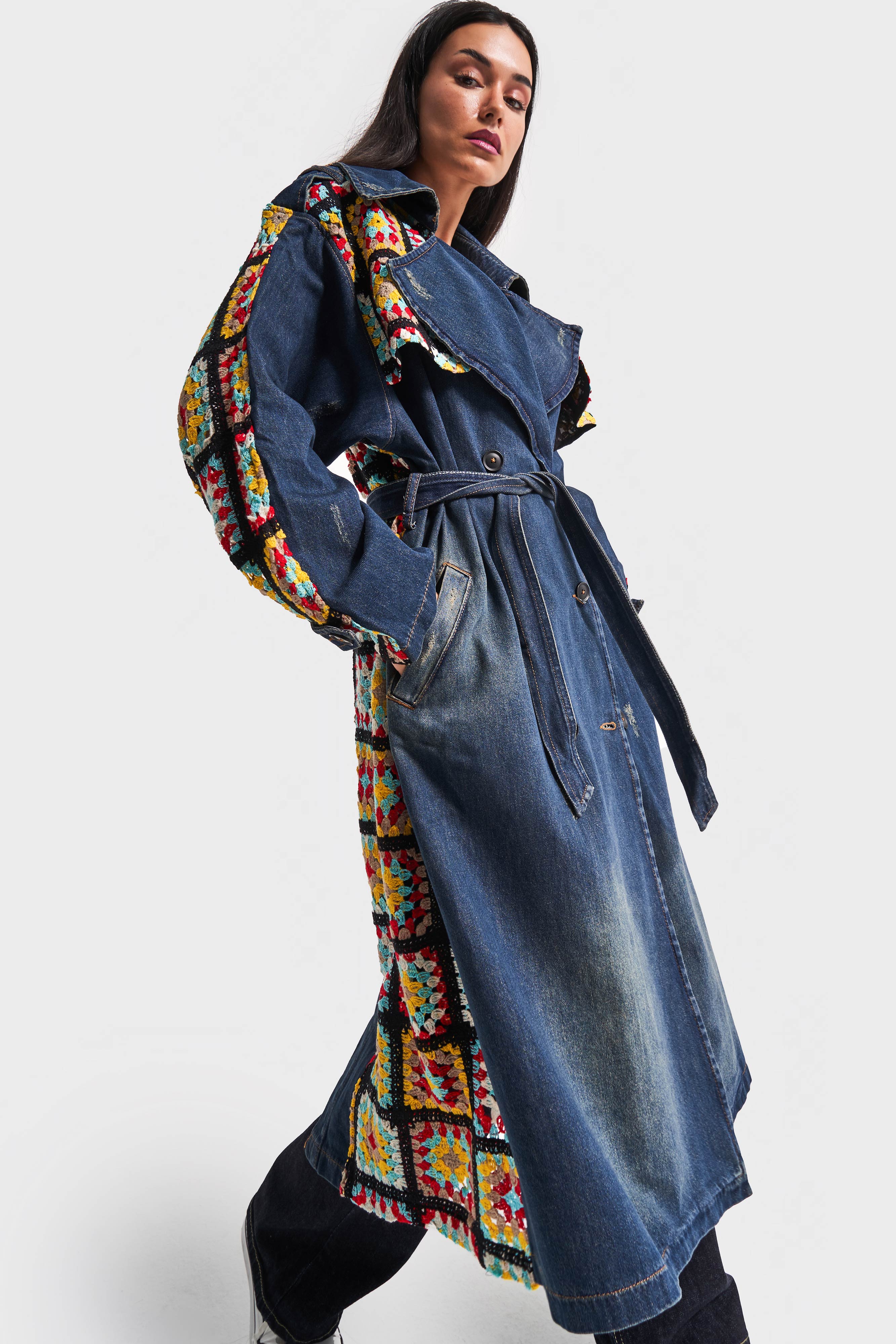 Women's Denim Color Ethnic Patterned Oversized Trench Coat