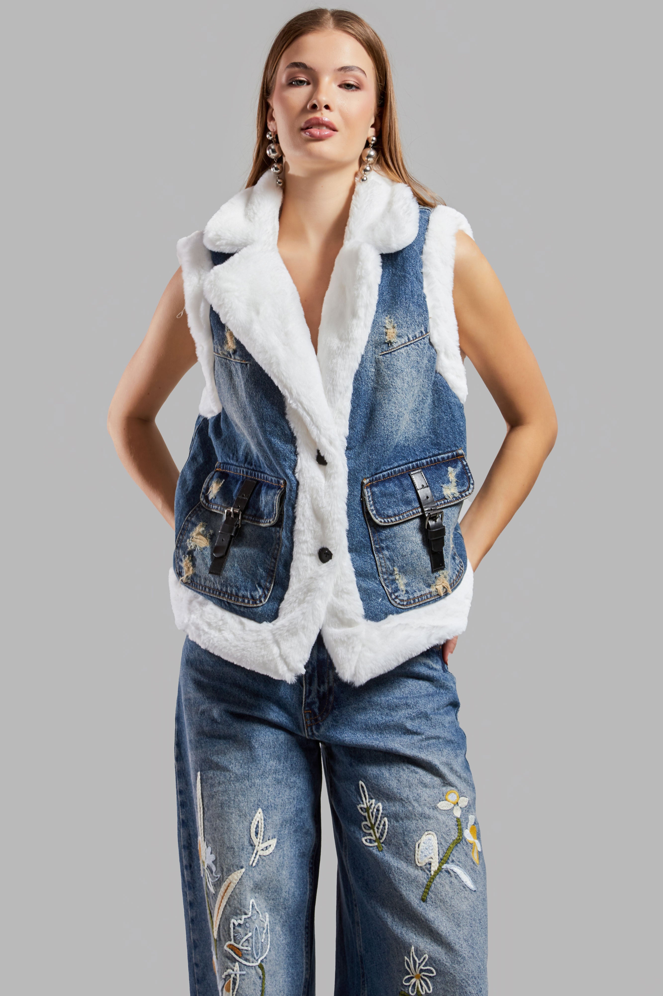 Women's Denim Color Soft Fur Inside Zero Sleeve Design Denim Vest