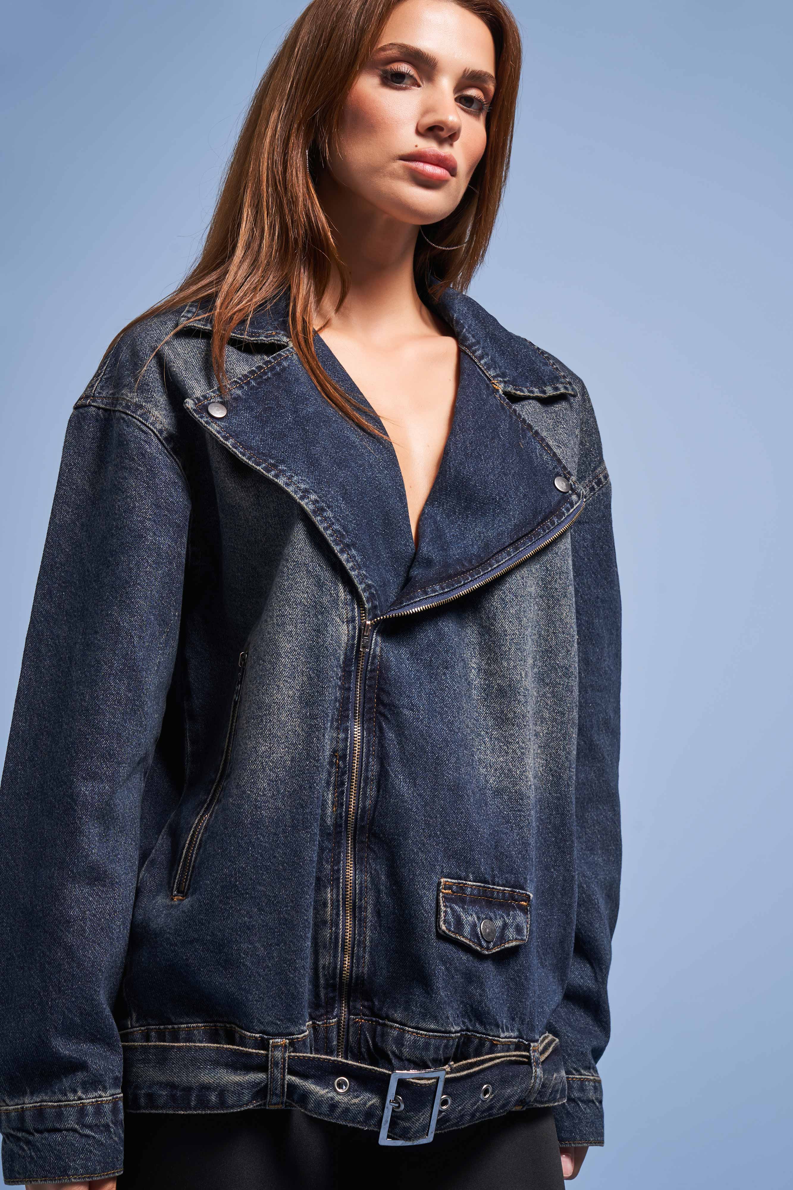 Kadın Kot Rengi Kemerli Oversize Denim Ceket Mont