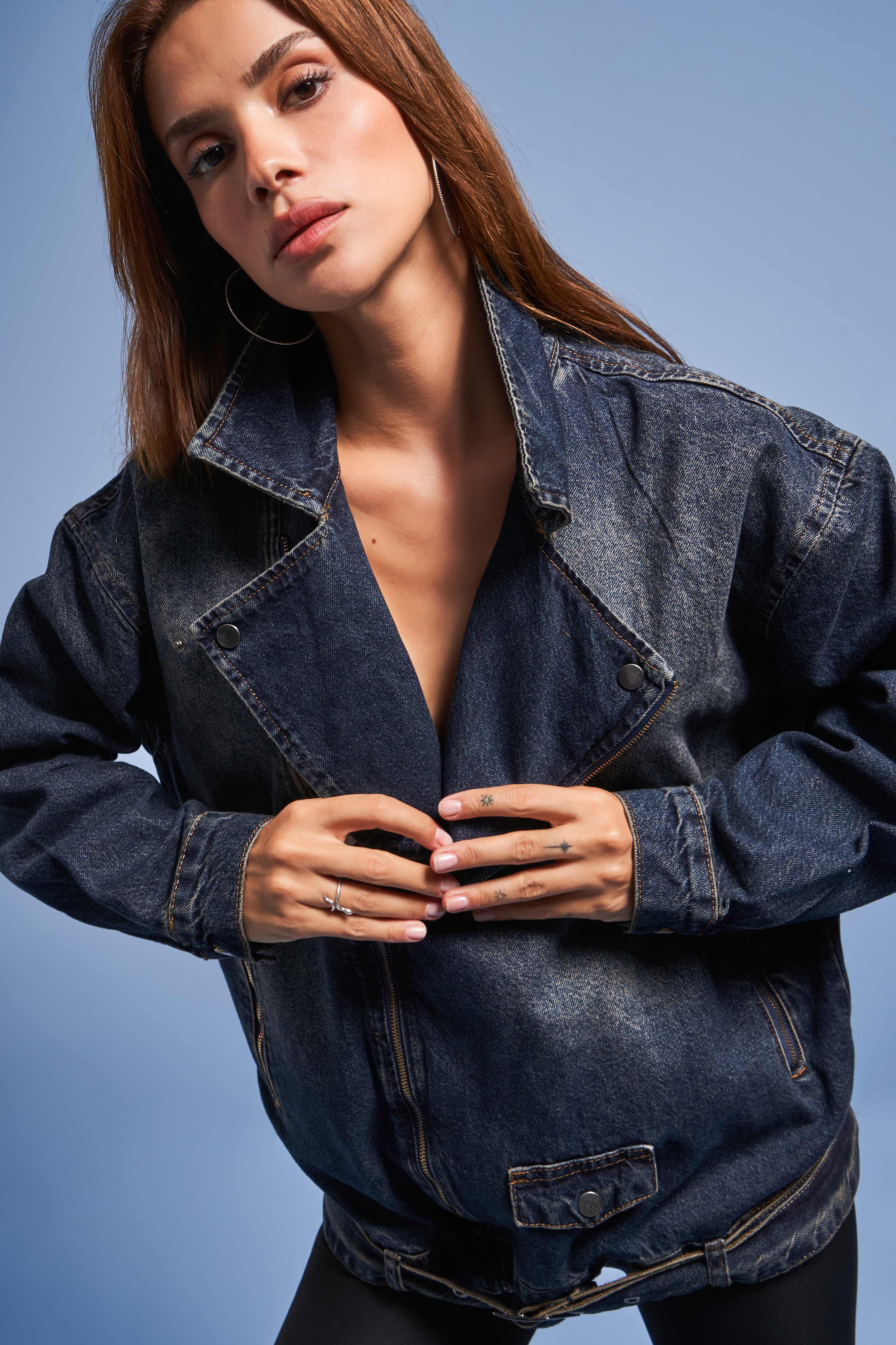 Women's Denim Color Belted Oversize Denim Jacket Coat