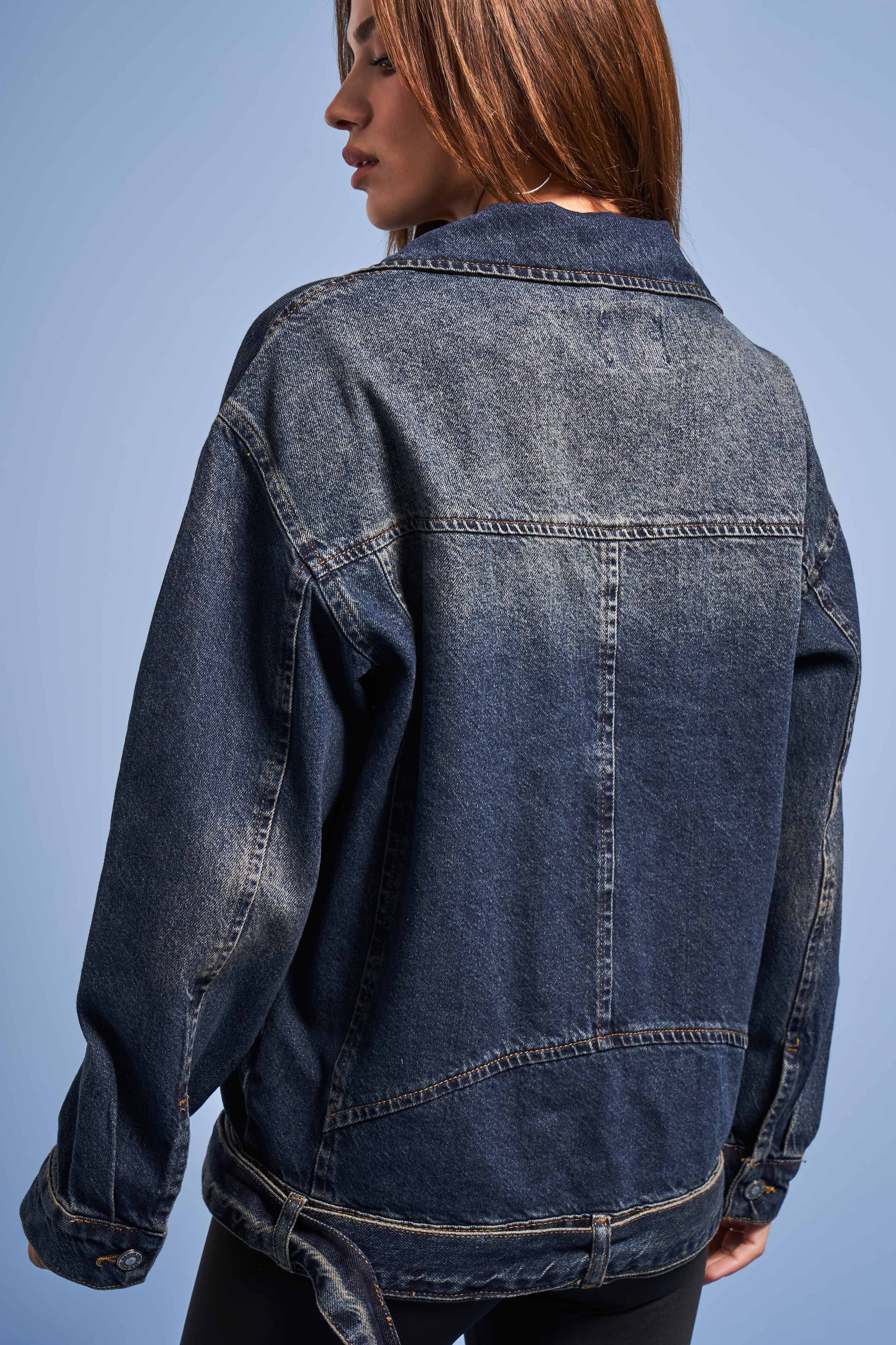 Kadın Kot Rengi Kemerli Oversize Denim Ceket Mont