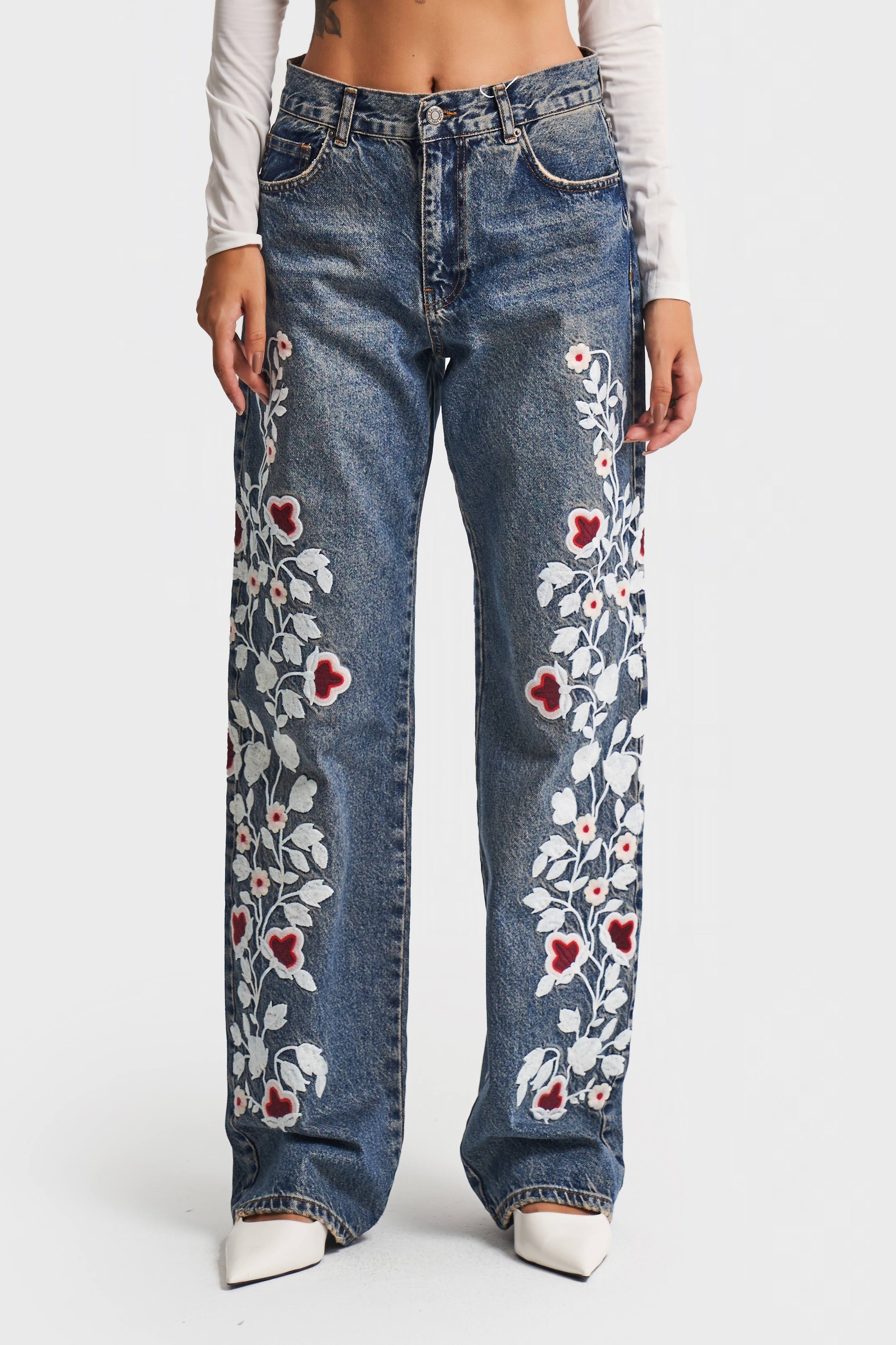 Women Jeans Color Red White Floral Embroidered Loose Fit Design Denim