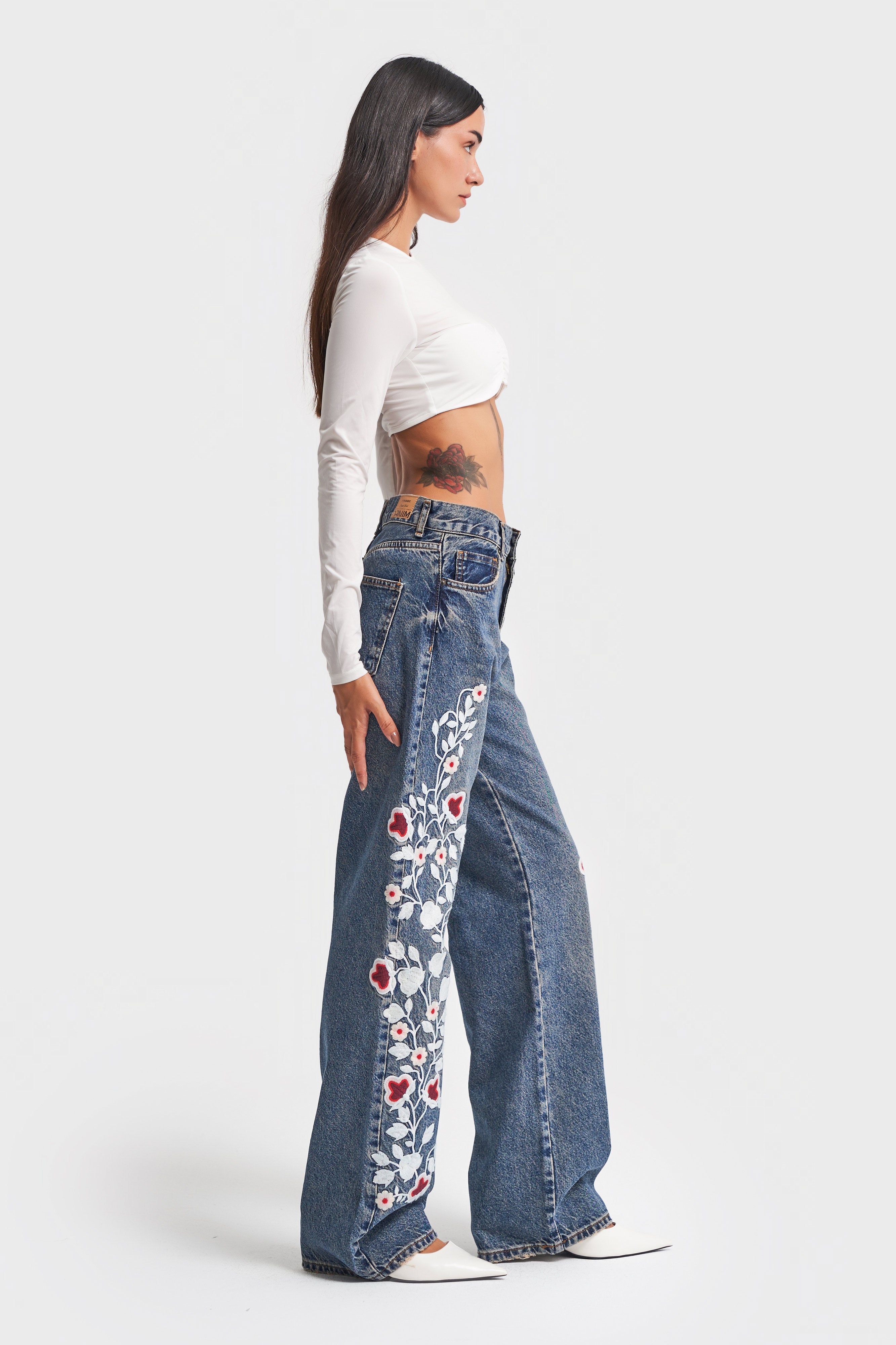 Women Jeans Color Red White Floral Embroidered Loose Fit Design Denim