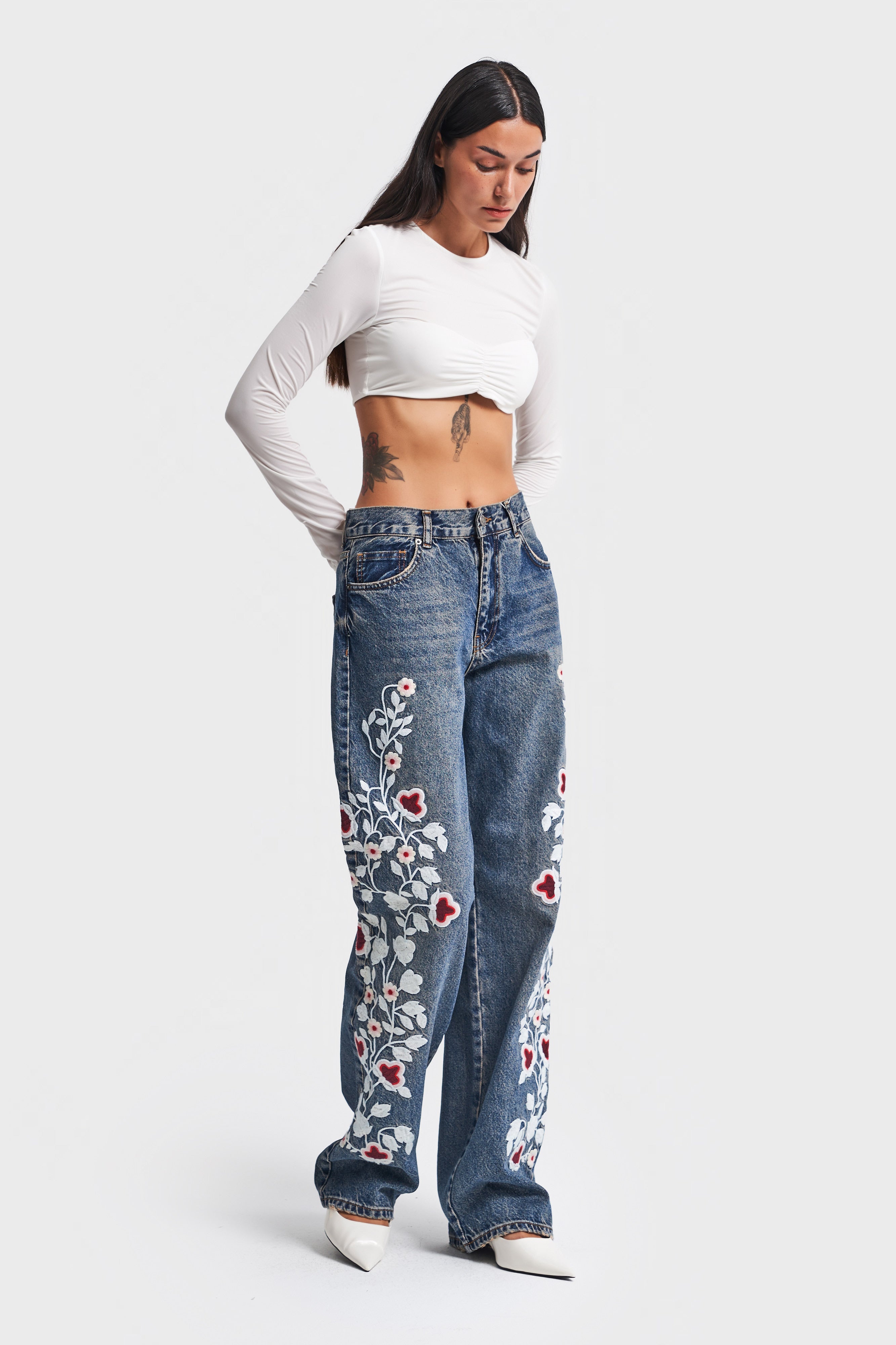 Women Jeans Color Red White Floral Embroidered Loose Fit Design Denim