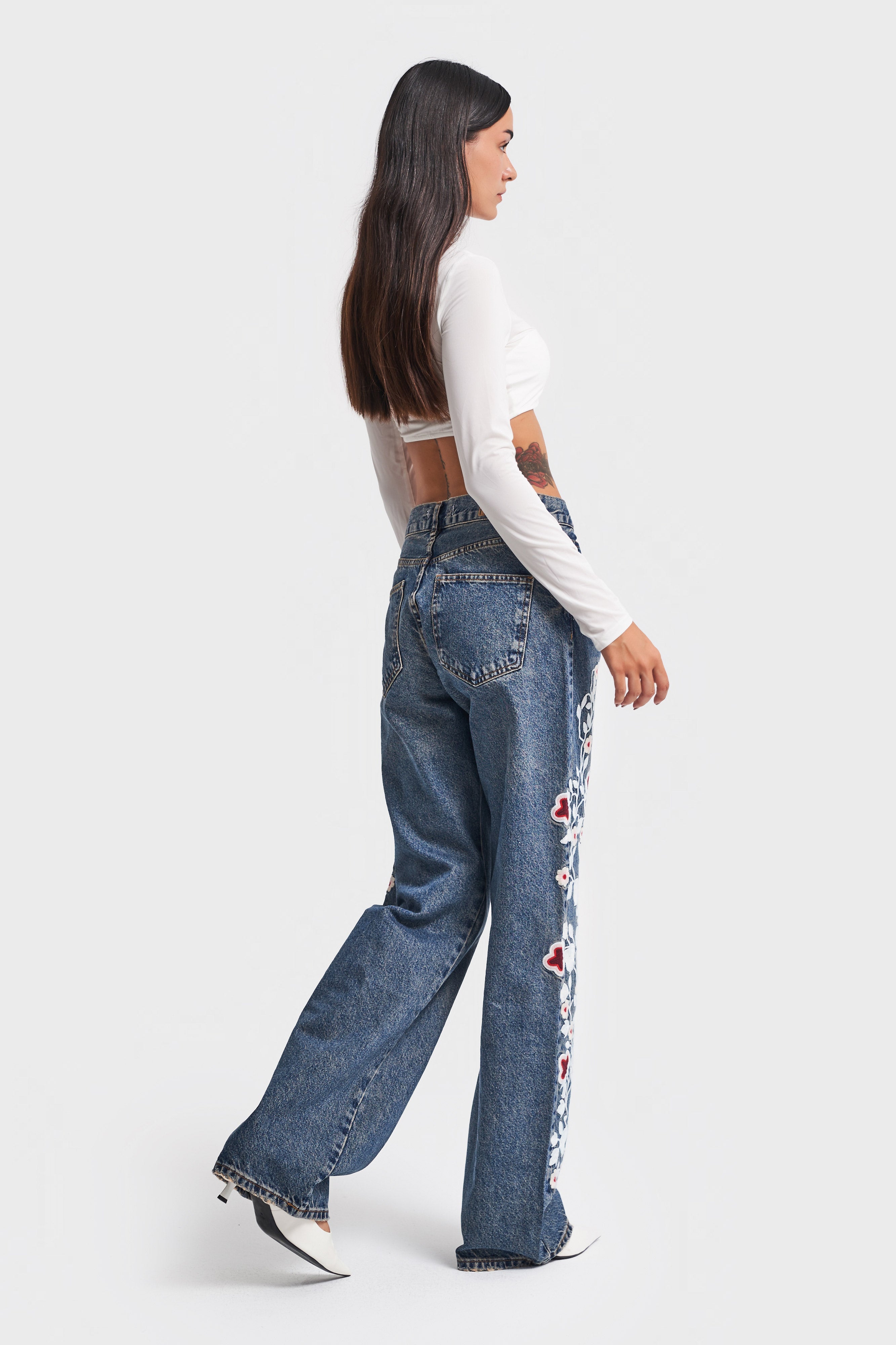 Women Jeans Color Red White Floral Embroidered Loose Fit Design Denim