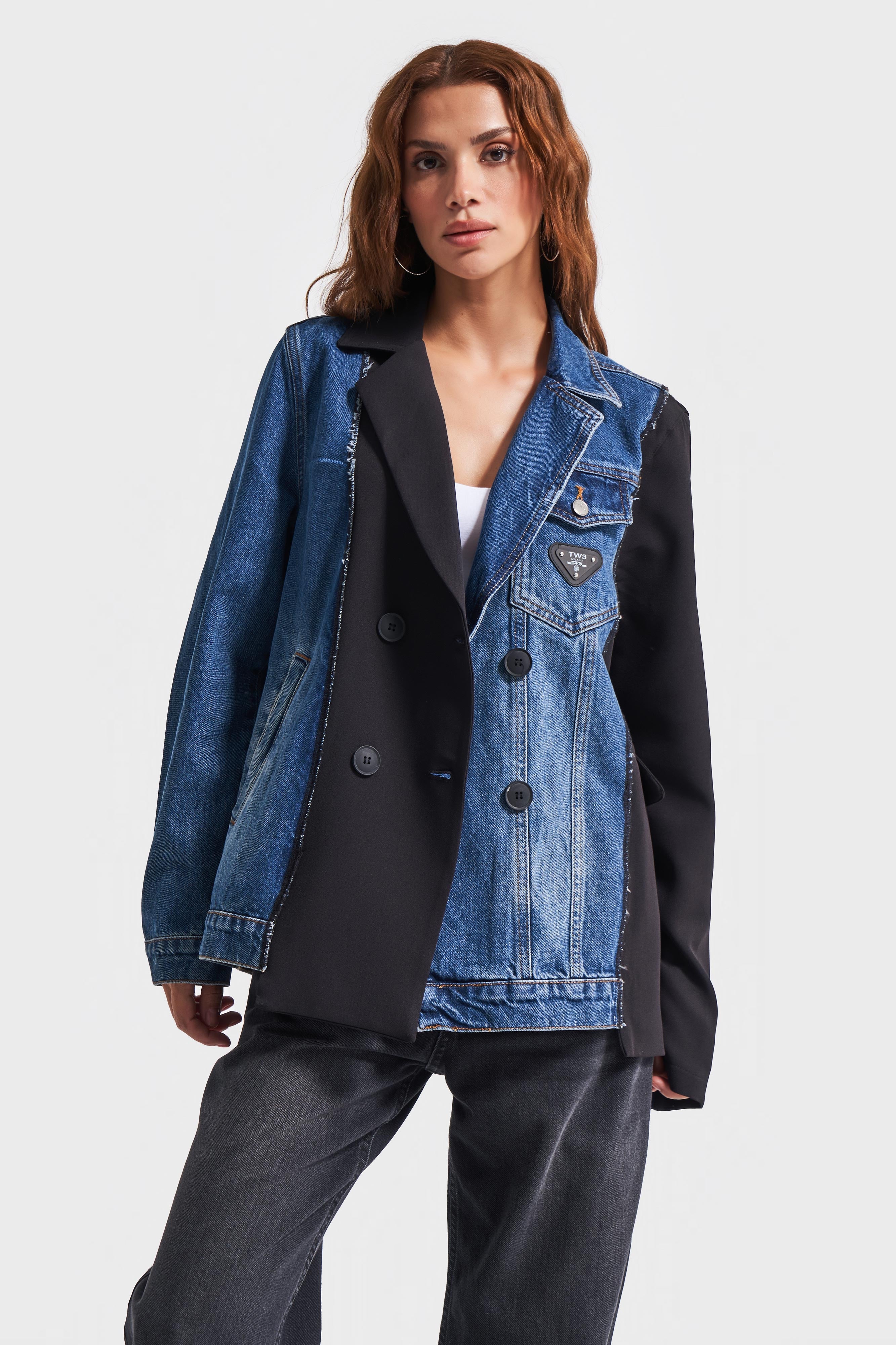 Women's Denim Color Fabric Denim Piece Oversize Double Breasted Jacket