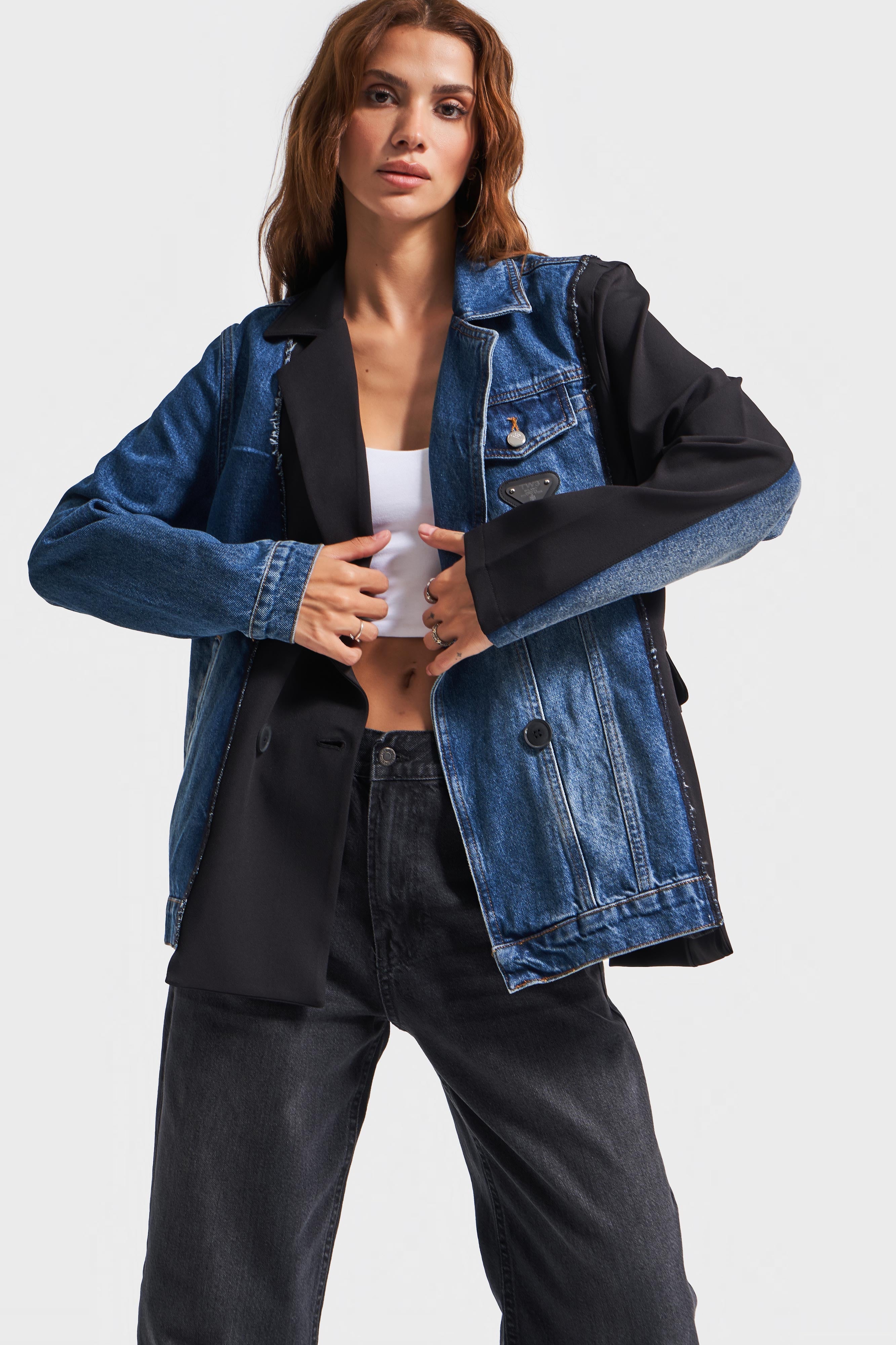 Women's Denim Color Fabric Denim Piece Oversize Double Breasted Jacket