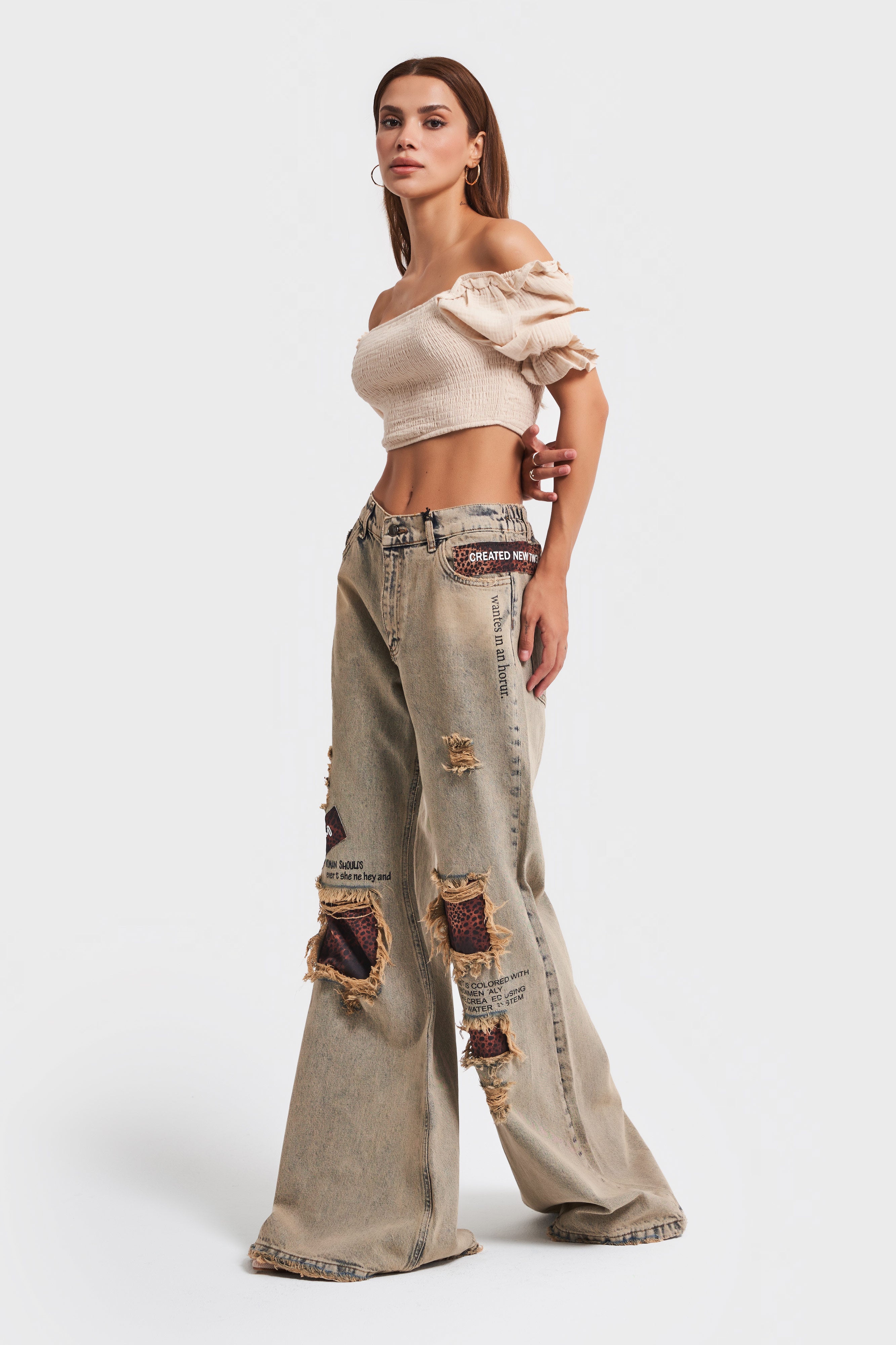 Women's Jeans Color Leopard Detailed Flare Fit Wide Leg Design Denim