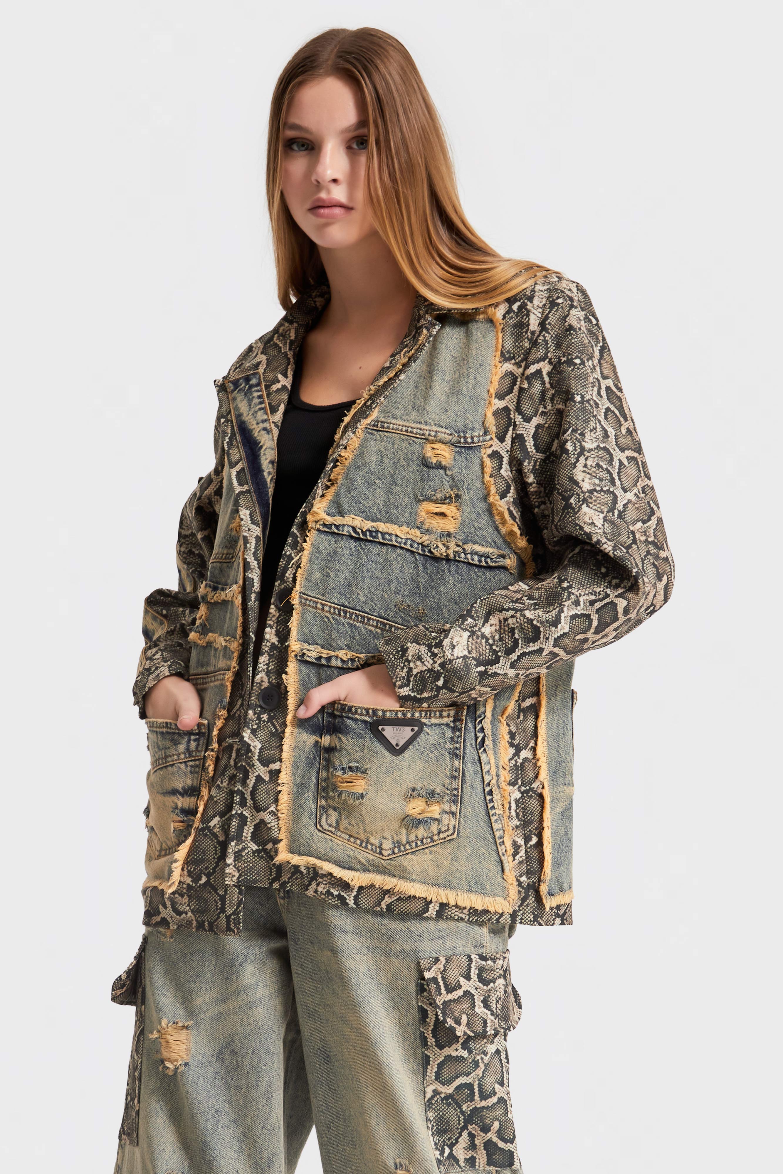 Women's Denim Color Leopard Fabric Blend Oversize Design Jacket