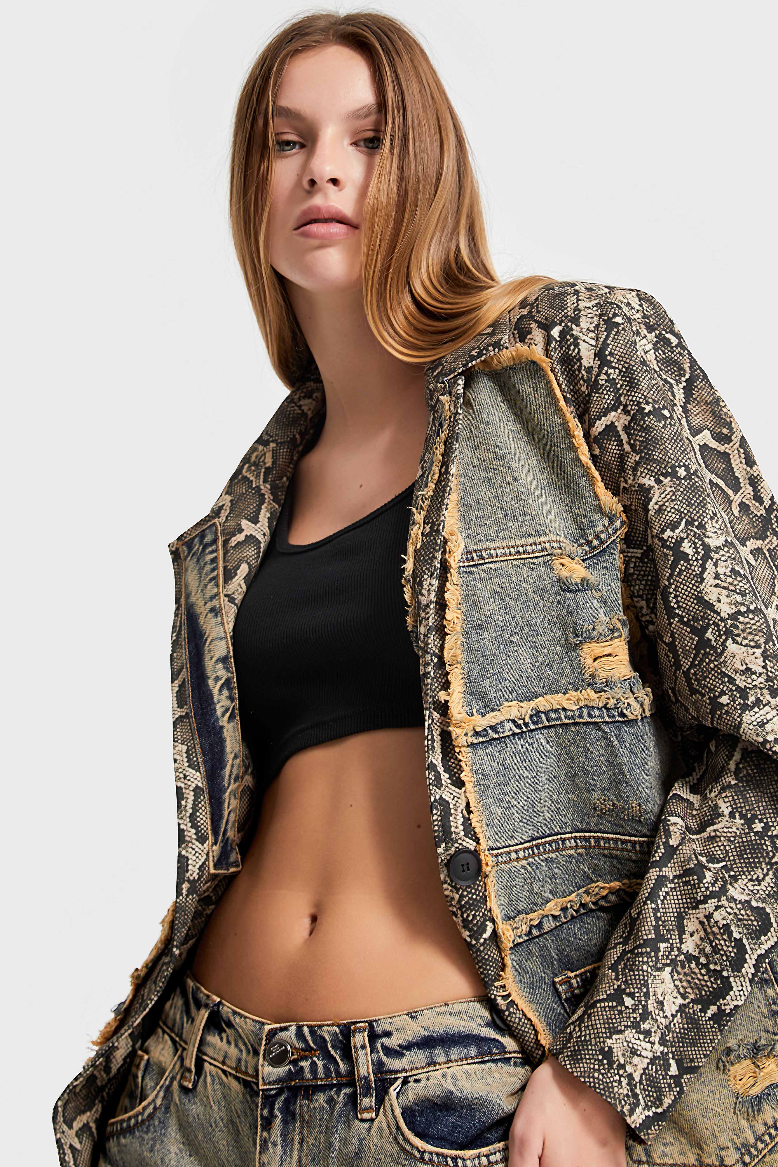 Women's Denim Color Leopard Fabric Blend Oversize Design Jacket