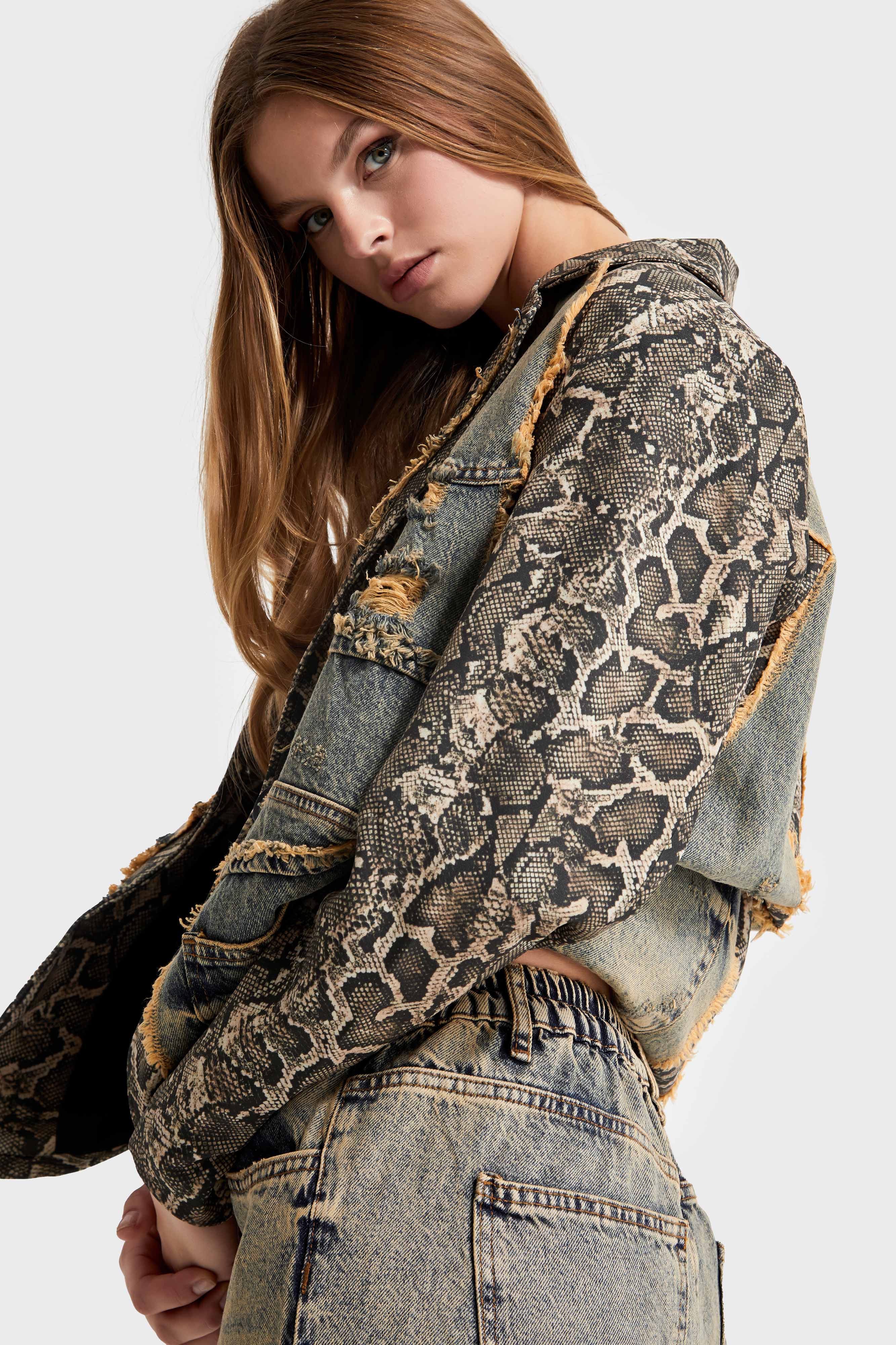 Women's Denim Color Leopard Fabric Blend Oversize Design Jacket