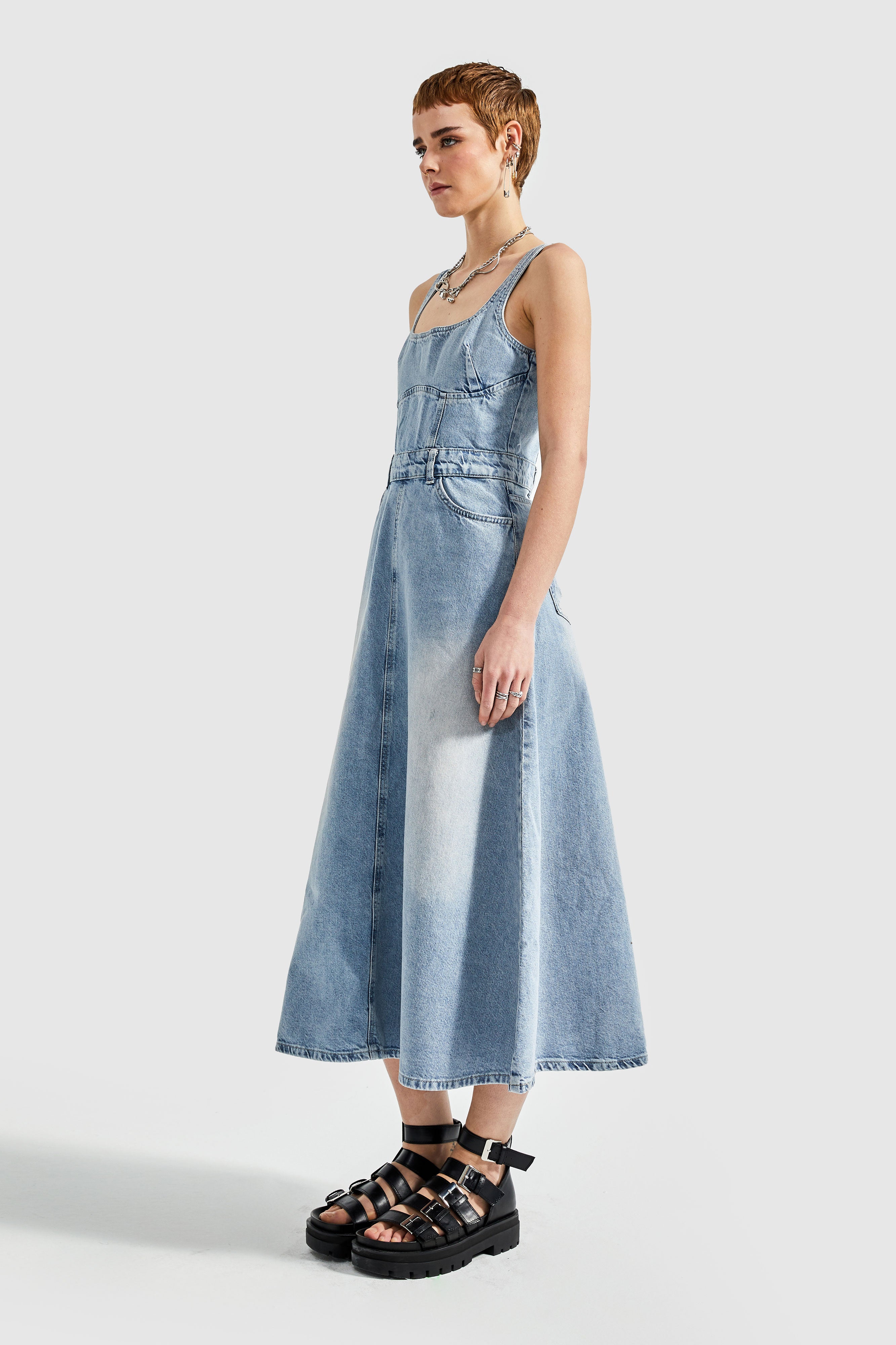 Women's Denim Color Maxi Length A-Line Denim Dress