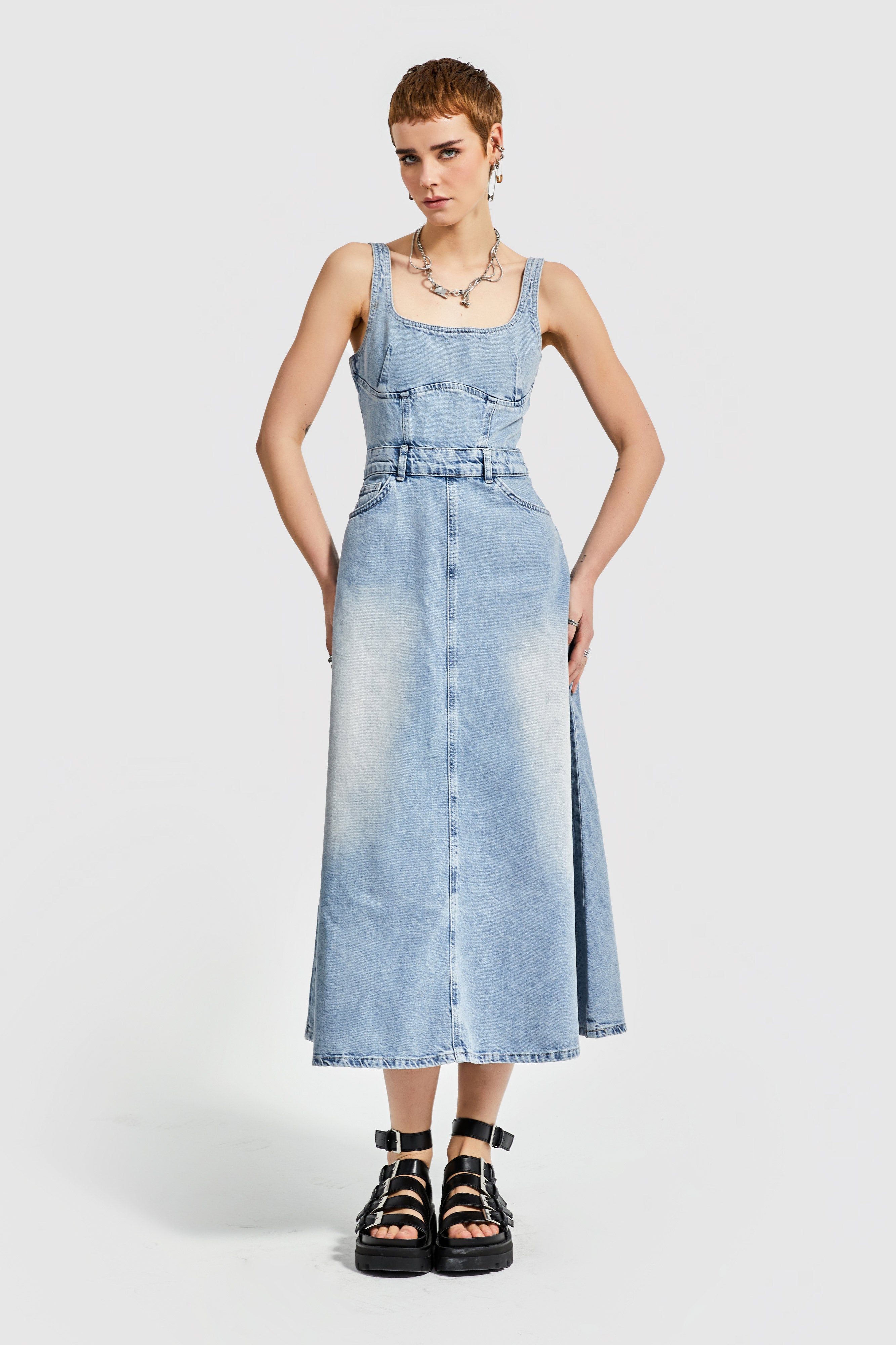 Women's Denim Color Maxi Length A-Line Denim Dress