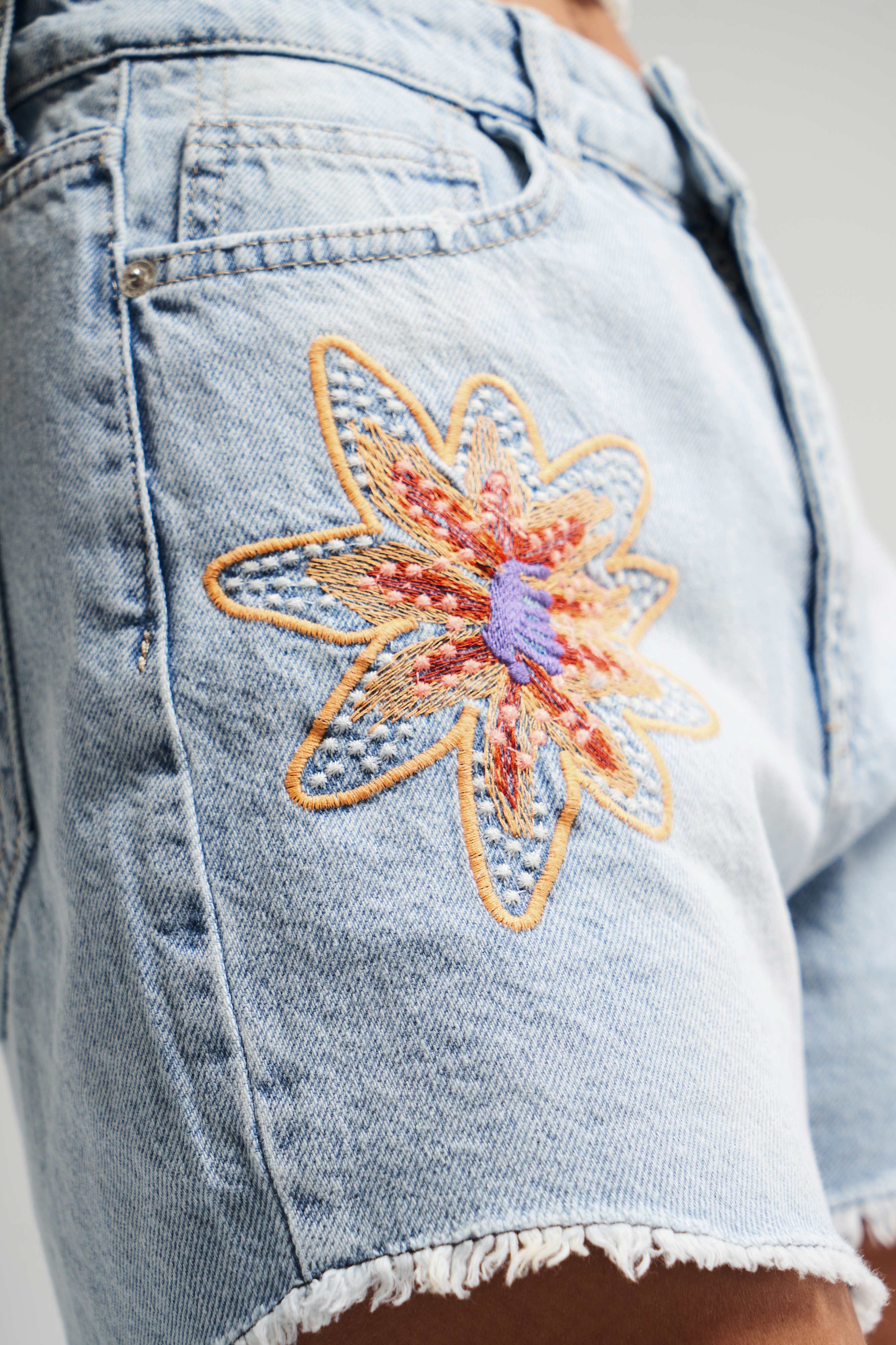 Women's Denim Color Embroidered Mini Denim Shorts