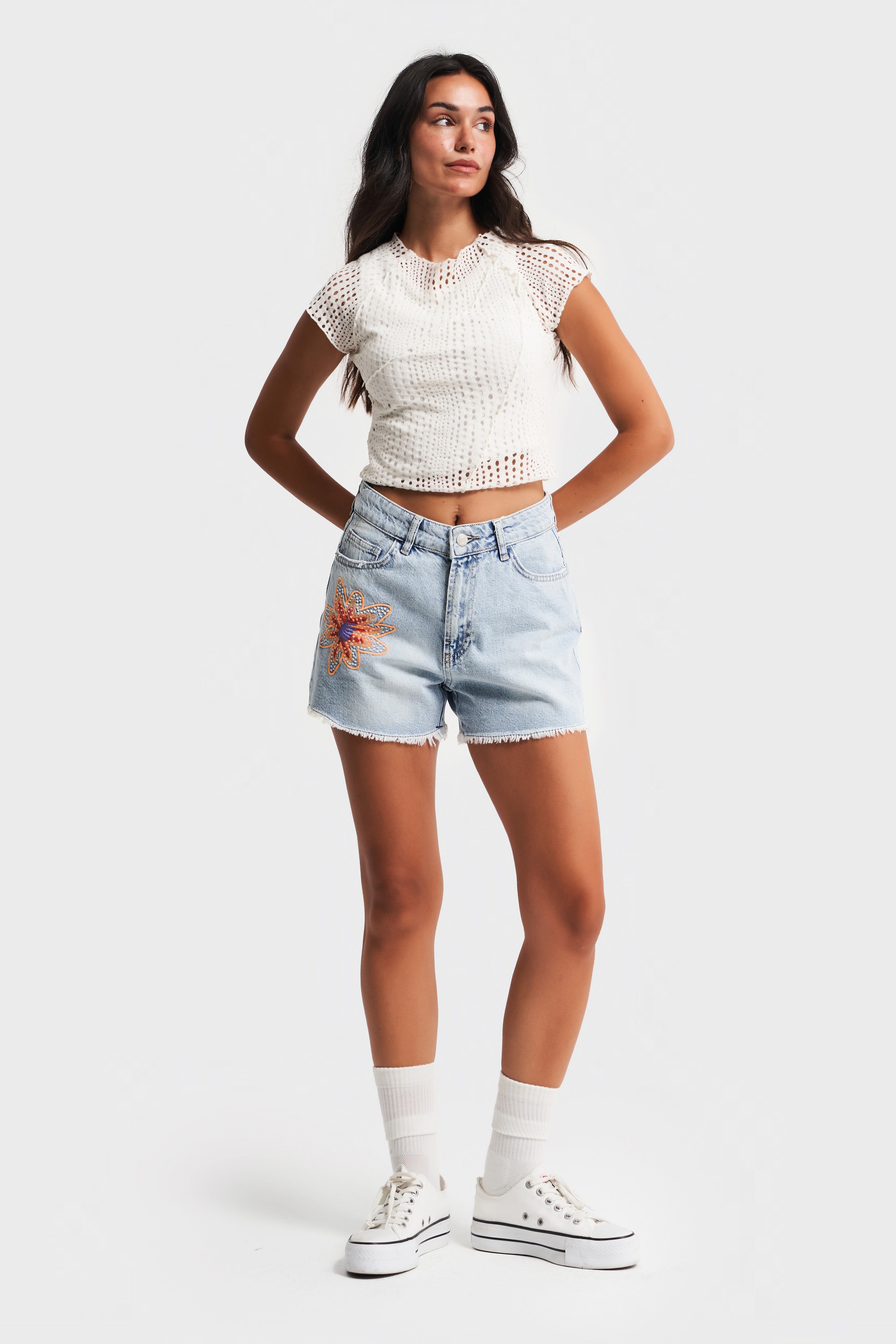 Women's Denim Color Embroidered Mini Denim Shorts