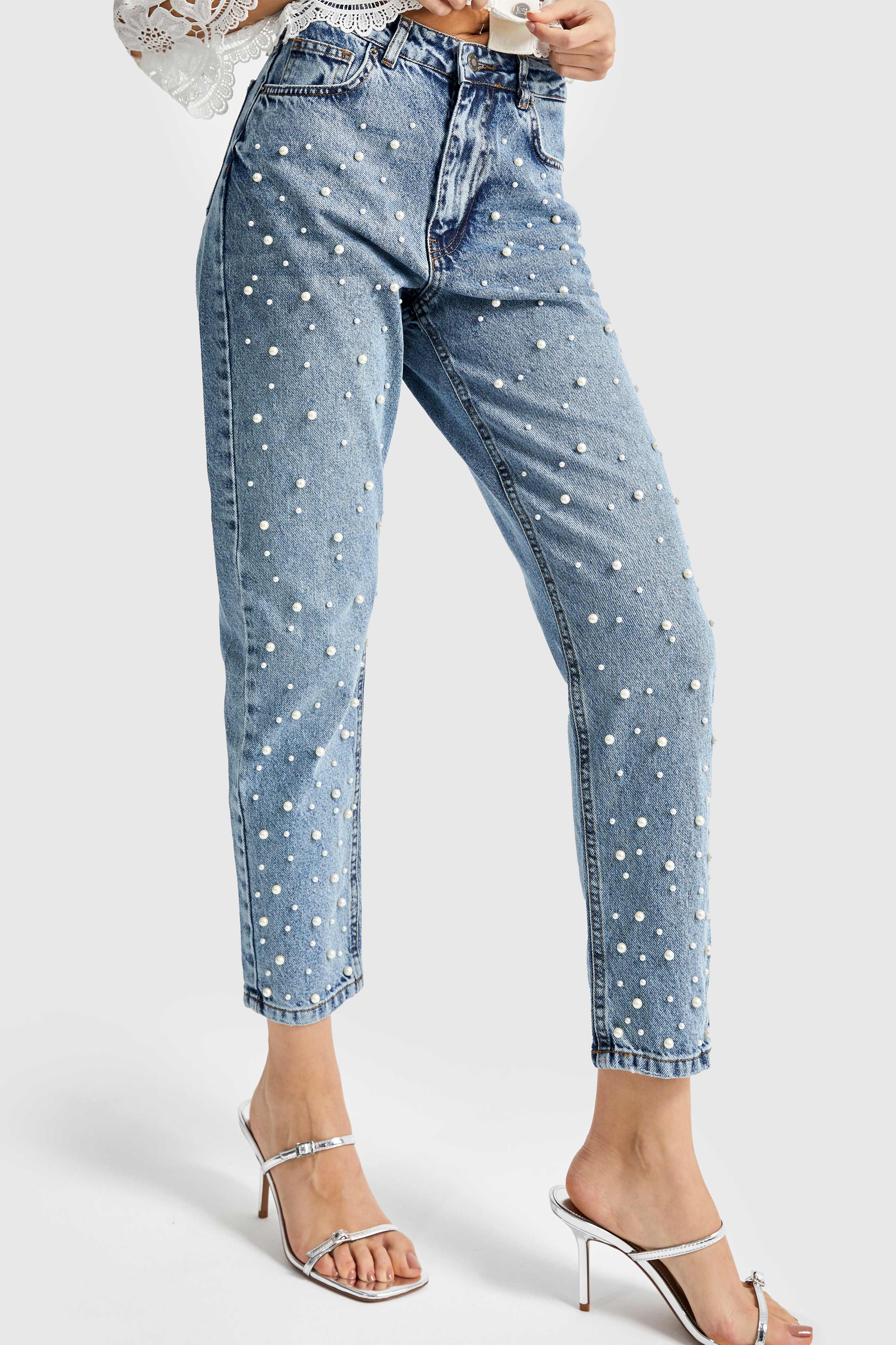 Women's Jeans Color Front Full Pearl Detail Mom Fit Denim