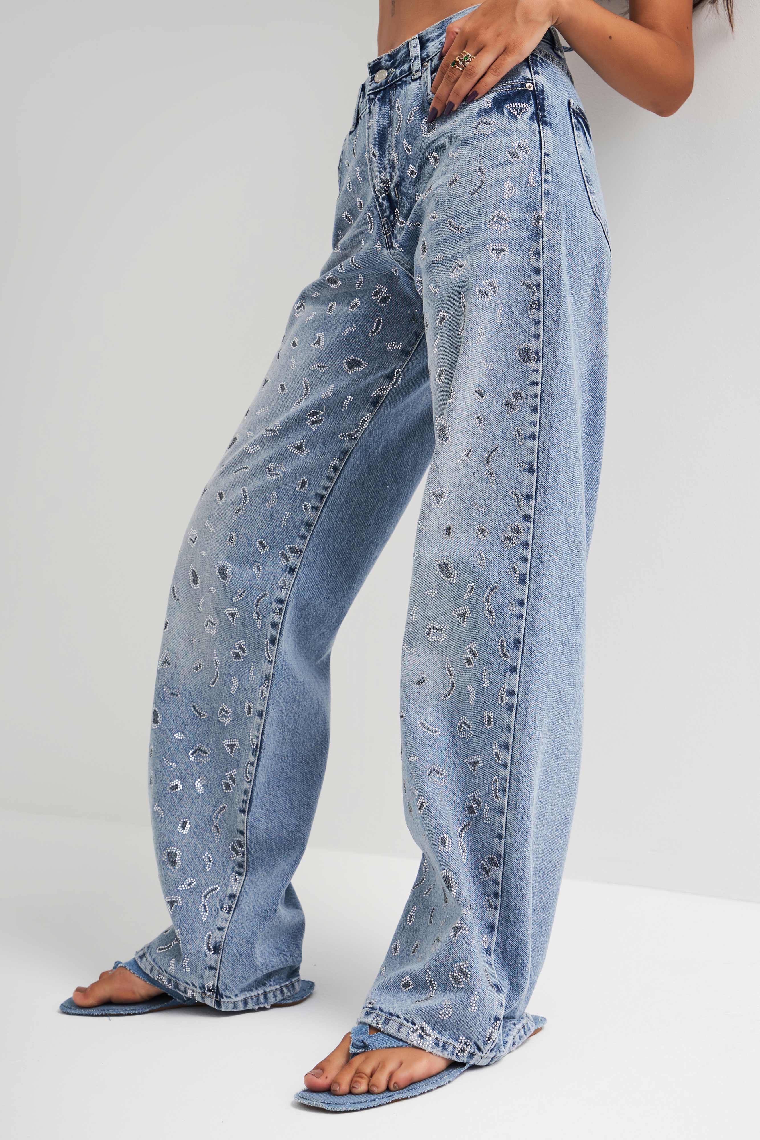 Women's Jeans Color Front Shiny Stone Loose Fit Denim