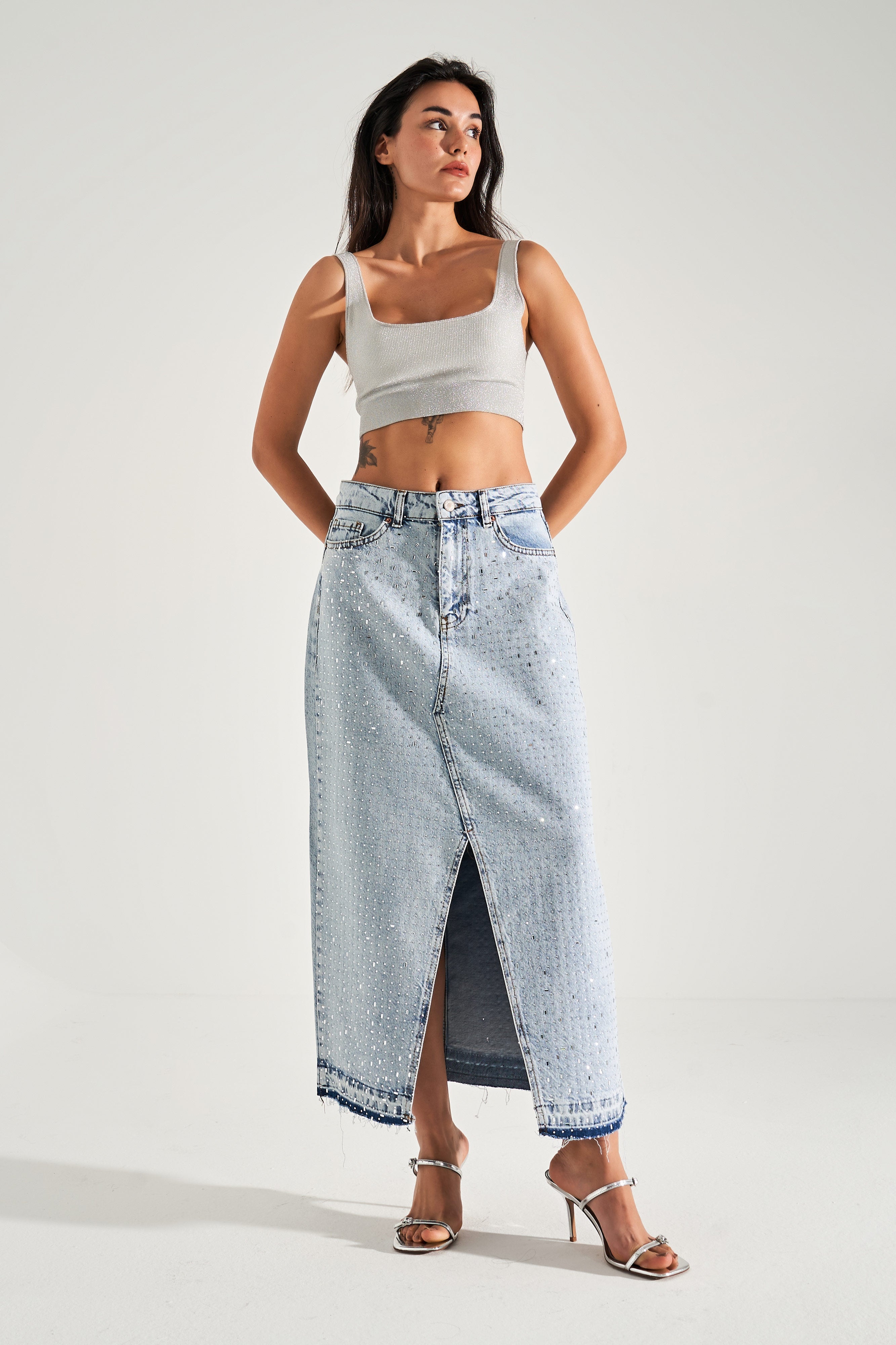 Women's Denim Color Front Shiny Stone Maxi Length Denim Skirt