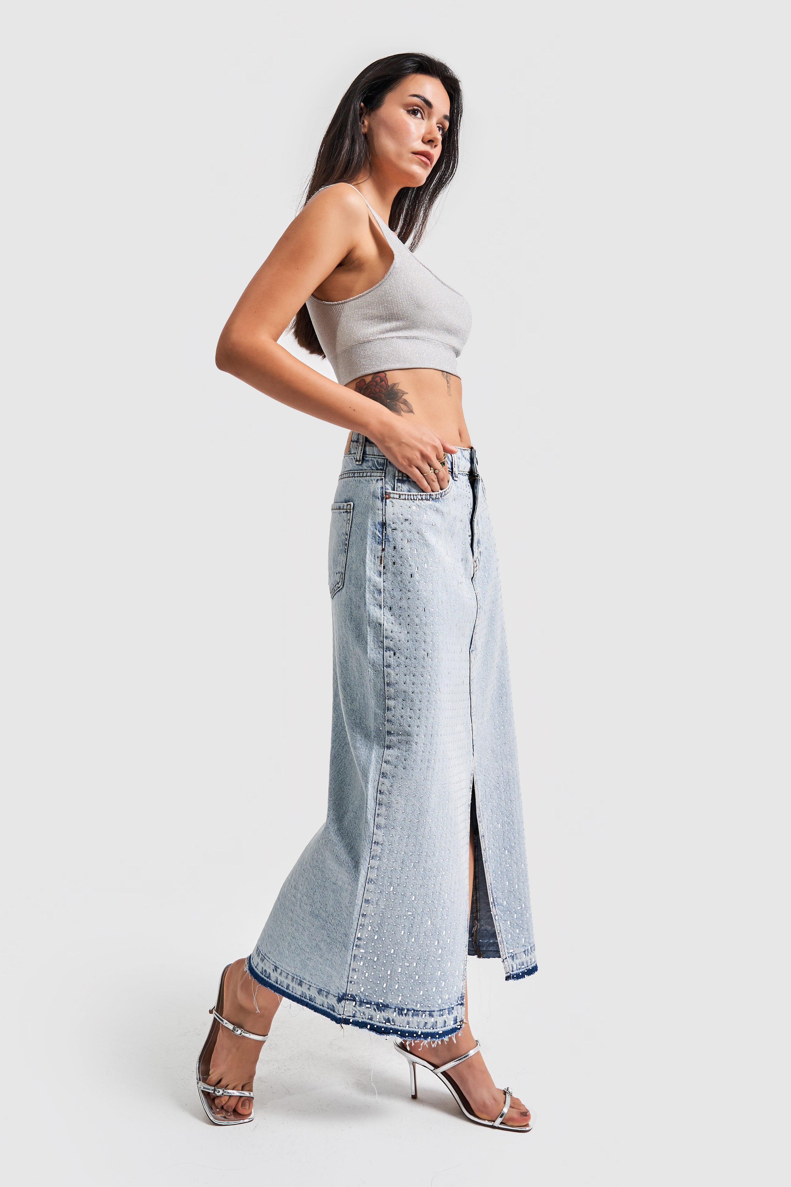 Women's Denim Color Front Shiny Stone Maxi Length Denim Skirt