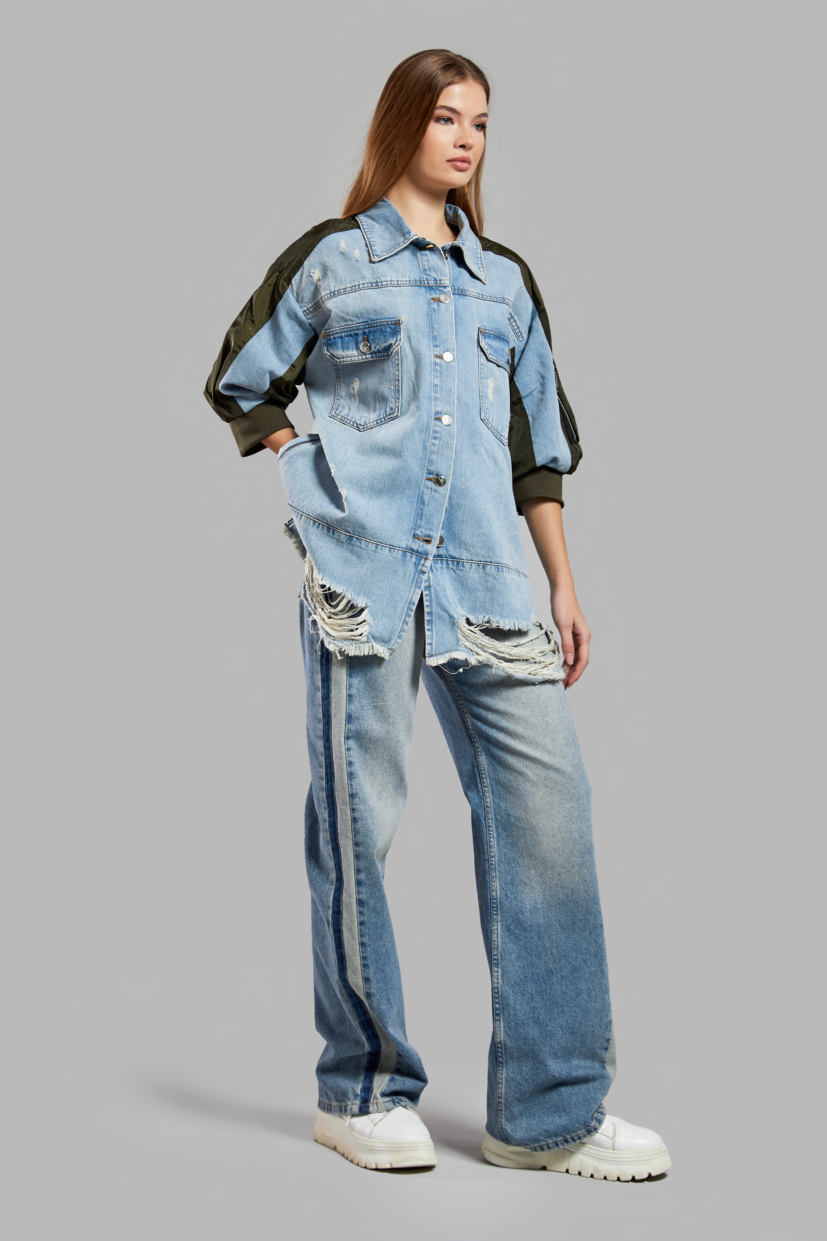 Kadın Kot Rengi Oversize Tasarım Denim Ceket