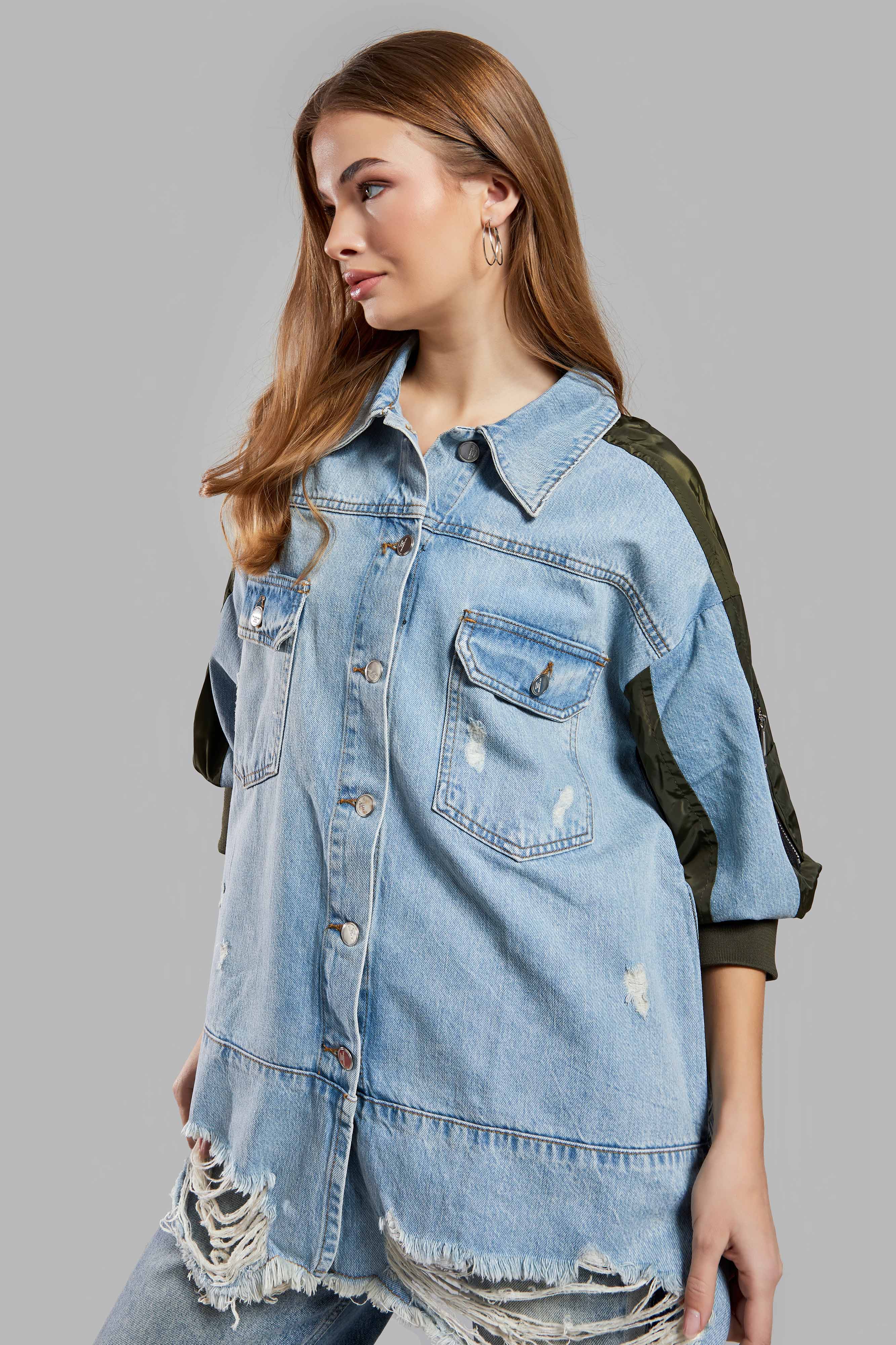 Kadın Kot Rengi Oversize Tasarım Denim Ceket